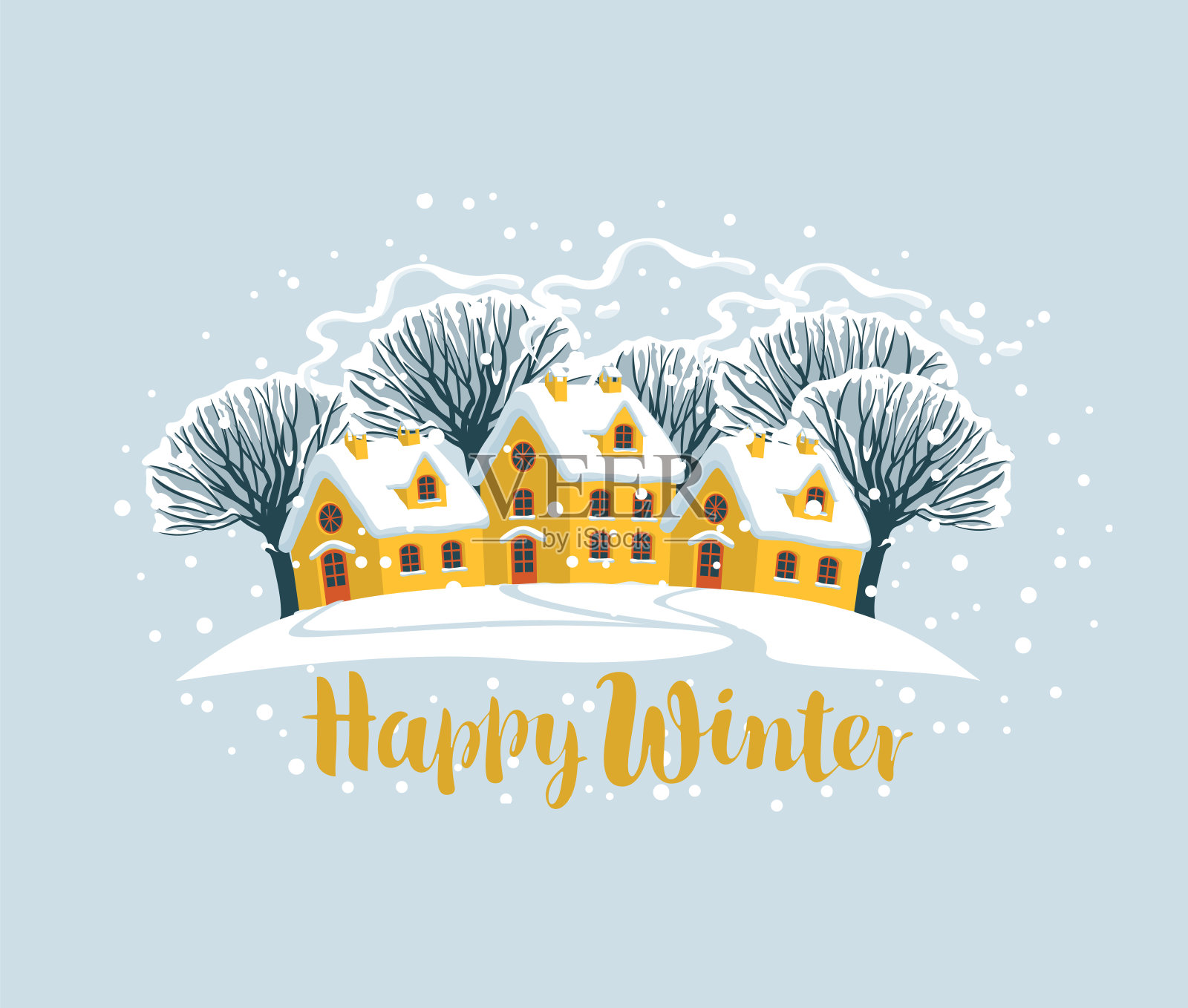 冬天的风景，有被雪覆盖的房子和树木插画图片素材