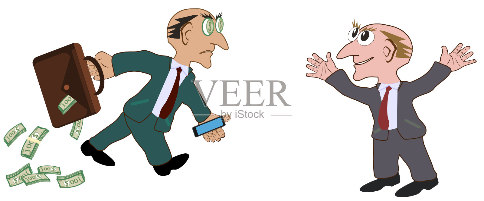 穿着西装的行贿者或腐败官僚。一名商人带着智能手机和一个皮革公文包向一名官员行贿。矢量插图。插画图片素材