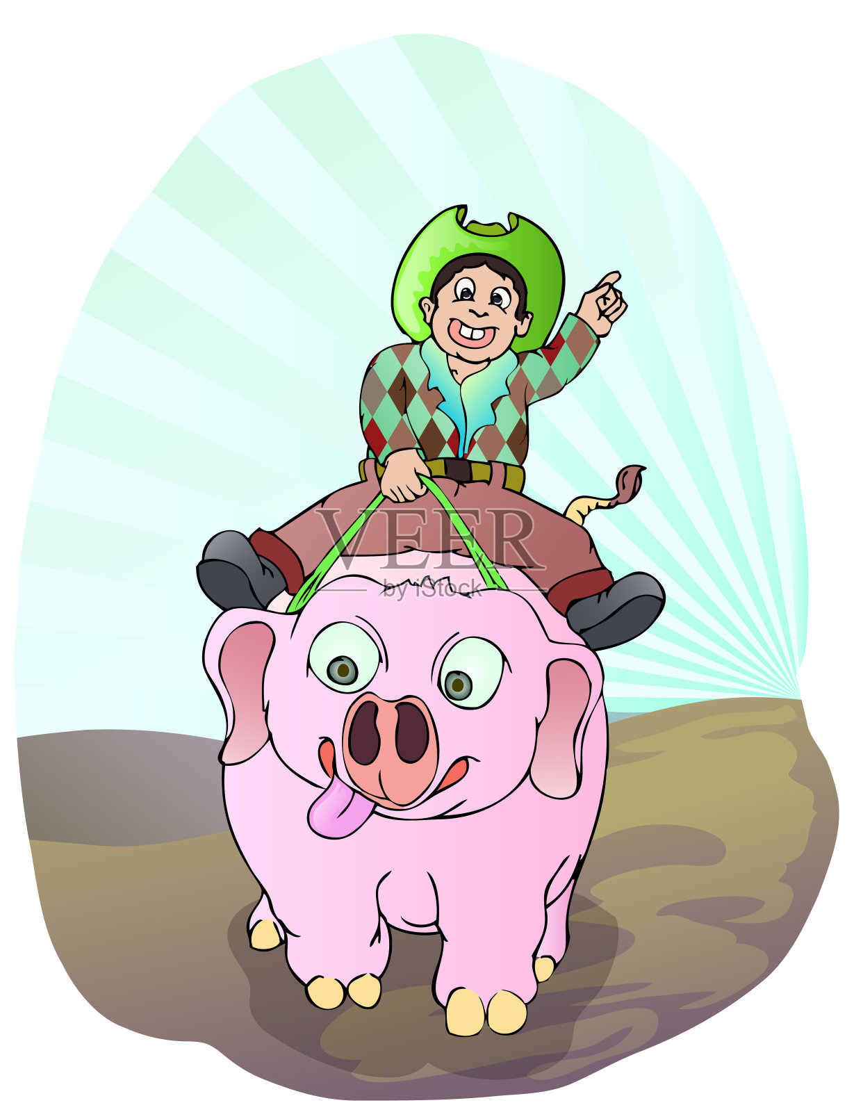 小男孩戴着牛男孩的帽子骑着猪在阳光下的地面上设计元素图片