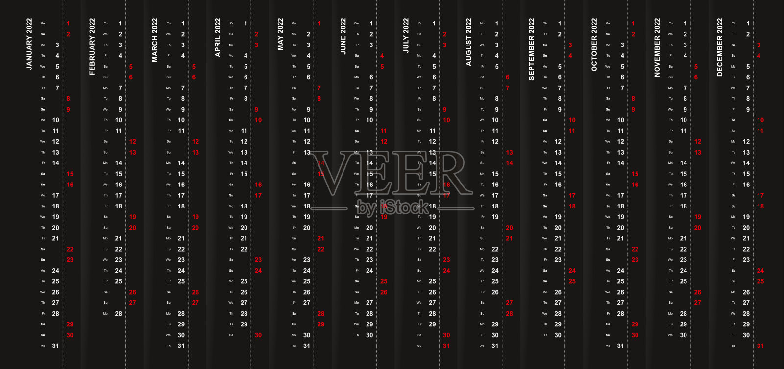 垂直日历2022黑色背景，周六和周日选择在不同的行。插画图片素材