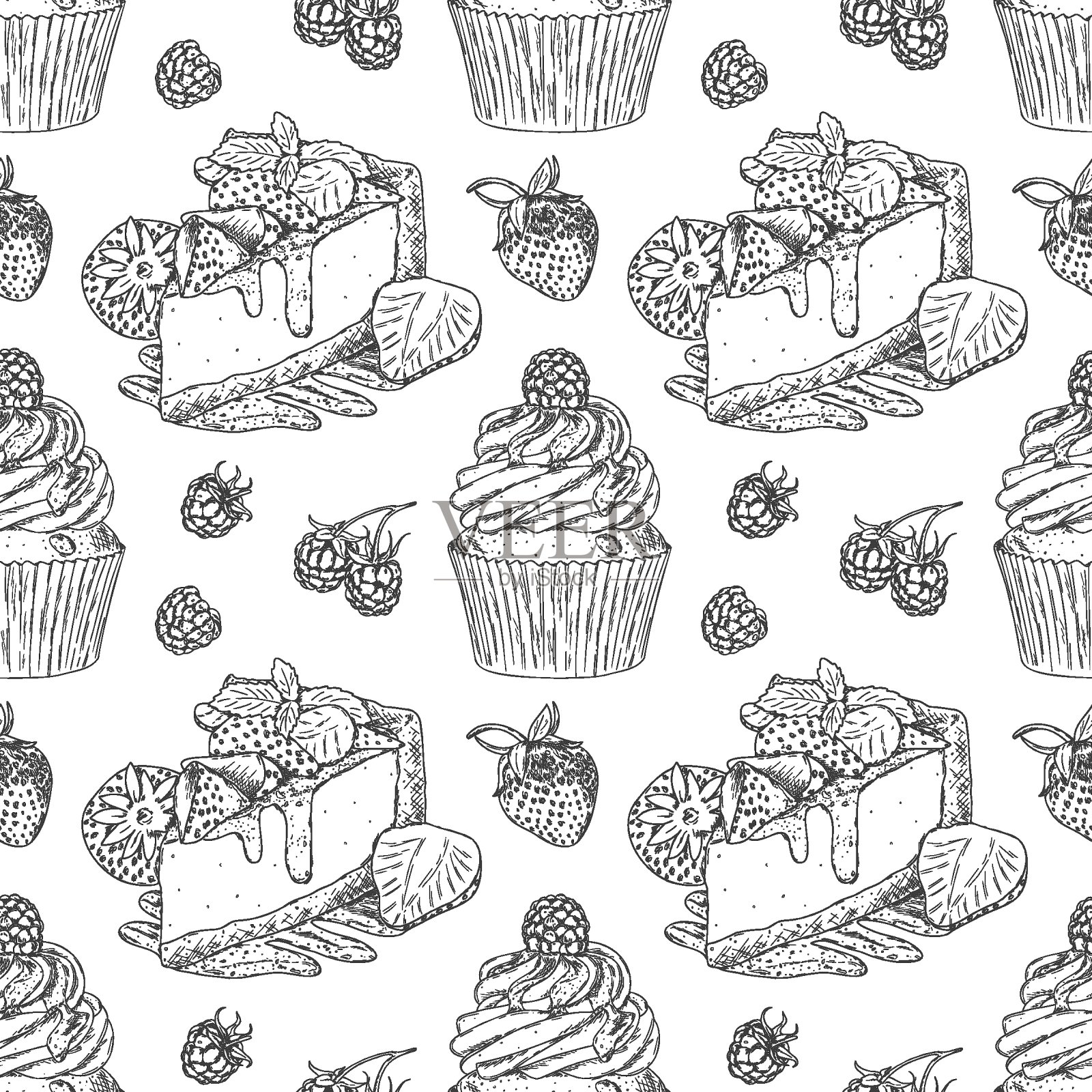 矢量无缝模式与手绘轮廓奶酪蛋糕和纸杯蛋糕与新鲜草莓和覆盆子。插画图片素材