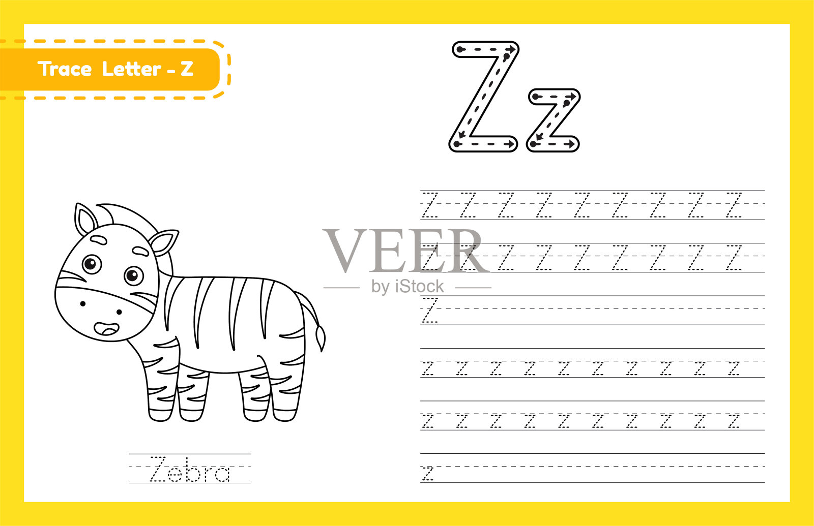 描线字母Z大写和小写。字母追踪练习学前工作表，为孩子学习英语与可爱的卡通动物。幼稚园的涂色本。矢量图插画图片素材