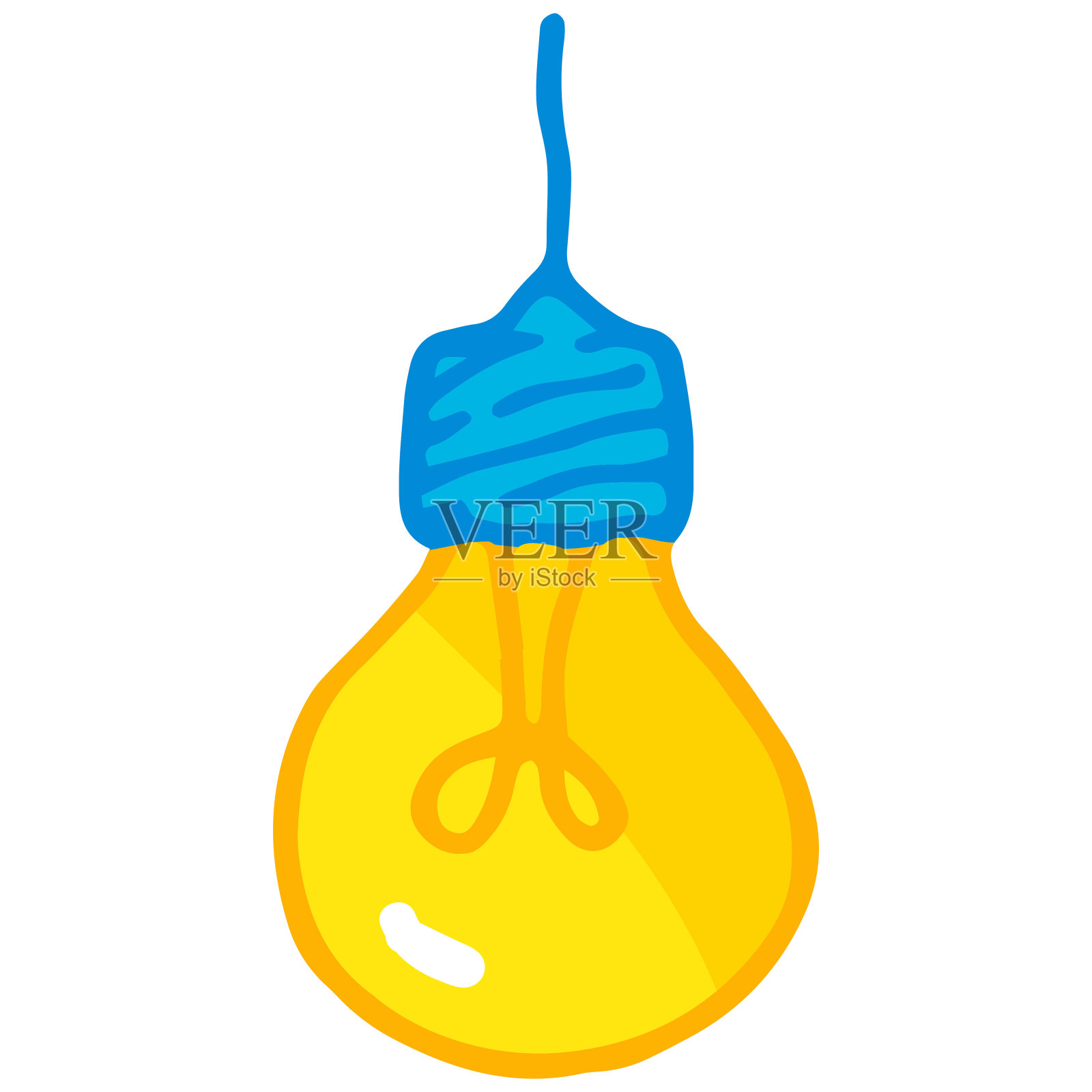 黄色灯泡图标。一个手绘的卡通风格的绝缘元素，一个明亮的圆形灯泡，蓝色的基础和白色的电线上的设计模板。一种思想和思想的象征插画图片素材