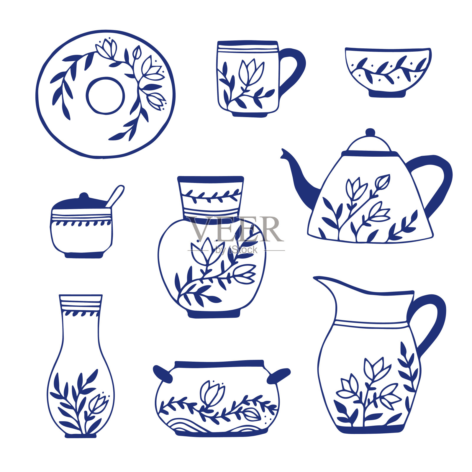 向量收集陶瓷厨具。单色套餐具手绘风格。有蓝色灯饰的陶器。插画图片素材