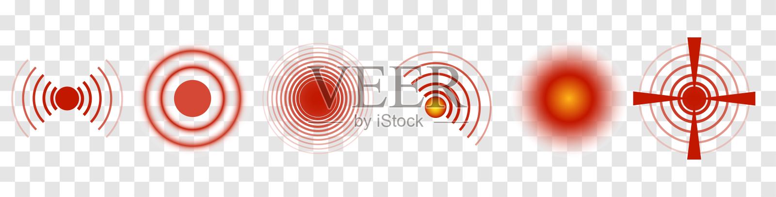 疼痛的红色圆圈或疼痛定位图标。向量分离疼痛符号。肌肉疼痛，痛苦的头痛或健康的标志，设计，止痛药，药丸，包装，或医疗信息插画图片素材