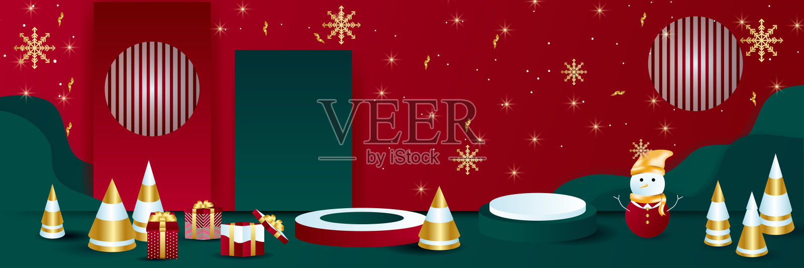 圣诞节冬季宽横幅背景与舞台讲台。圣诞节的旗帜，圣诞节闪闪发光的彩灯与礼品盒和金色的星星。水平的圣诞海报，贺卡，标题，网站。插画图片素材