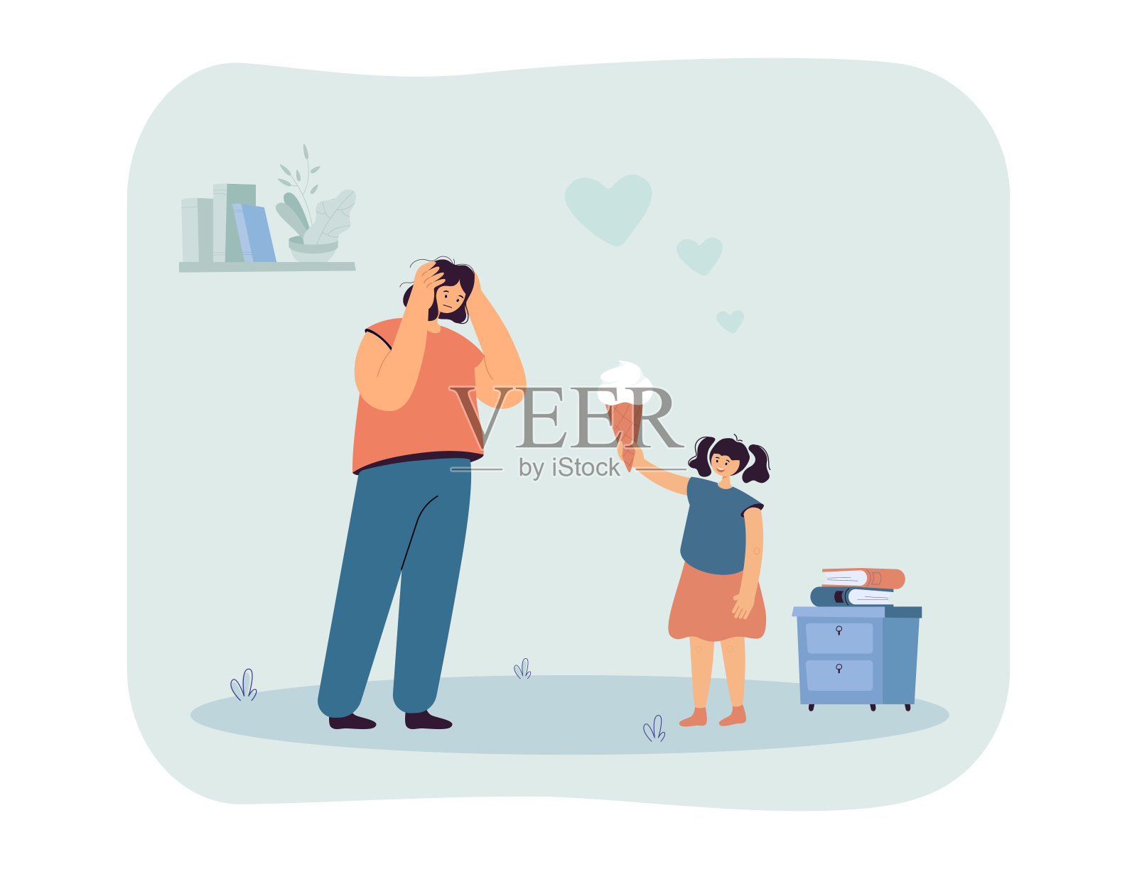 女孩给了大冰淇淋在华夫饼蛋筒，让妈妈不高兴插画图片素材