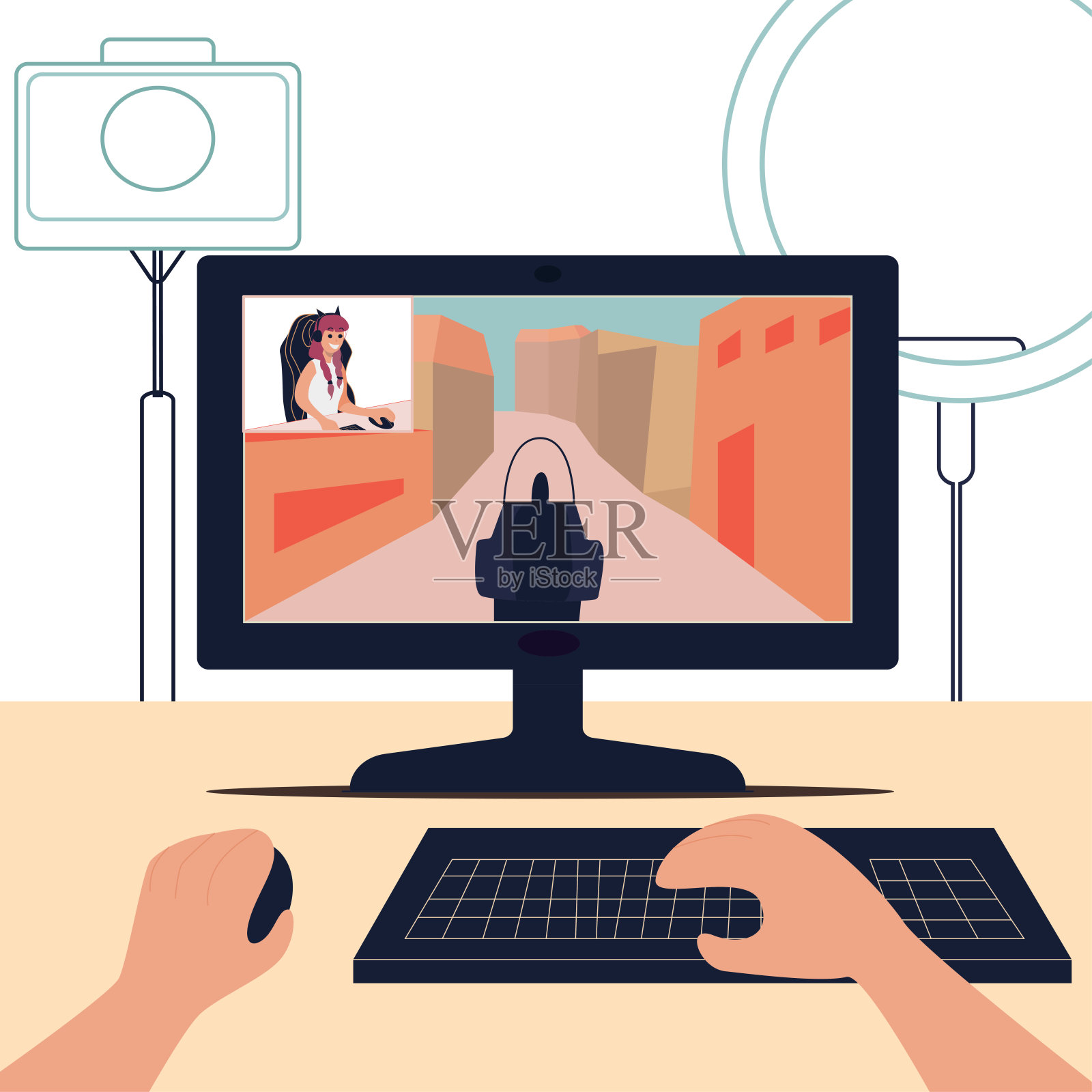 女孩耳机流在线游戏。Letsplay射击。演播室的屏幕录音。矢量图插画图片素材