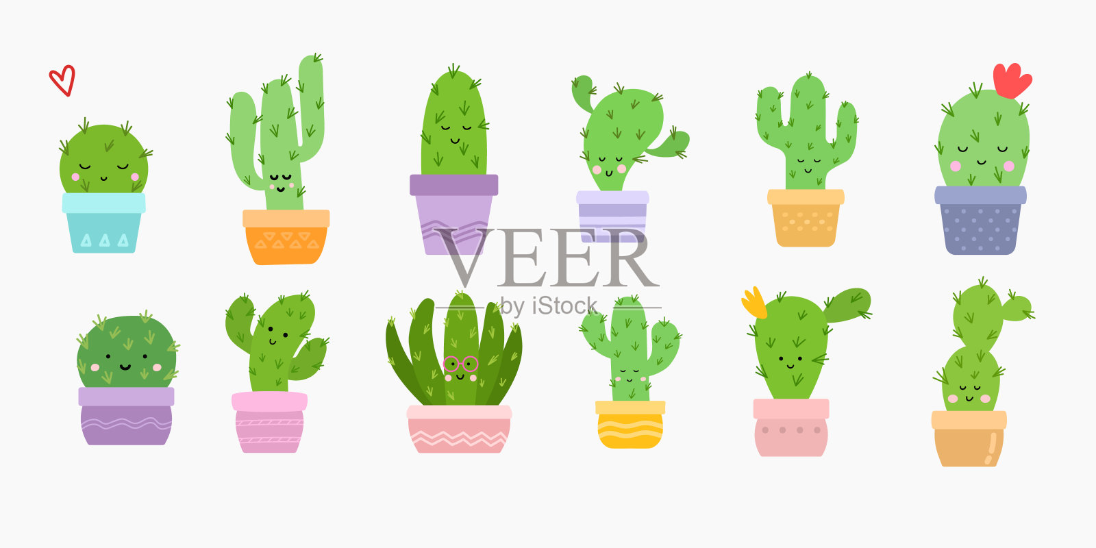 在白色背景上设置可爱的仙人掌平面风格矢量插图。室内植物多汁。有趣的仙人掌在花盆的脸设计，卡片，贴纸。插画图片素材