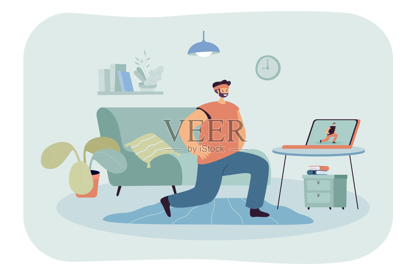 男人在家里用笔记本电脑做运动插画图片素材