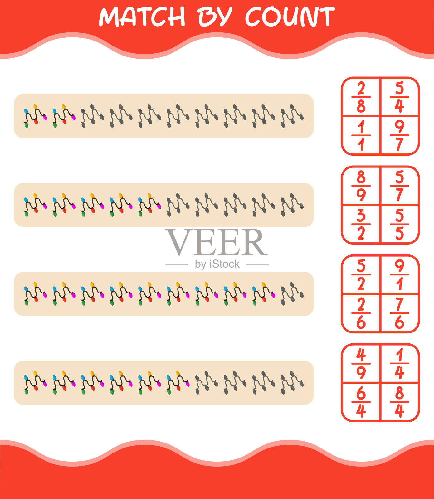 按卡通串灯计数匹配。比赛和计数游戏。学龄前儿童和幼儿的教育游戏插画图片素材