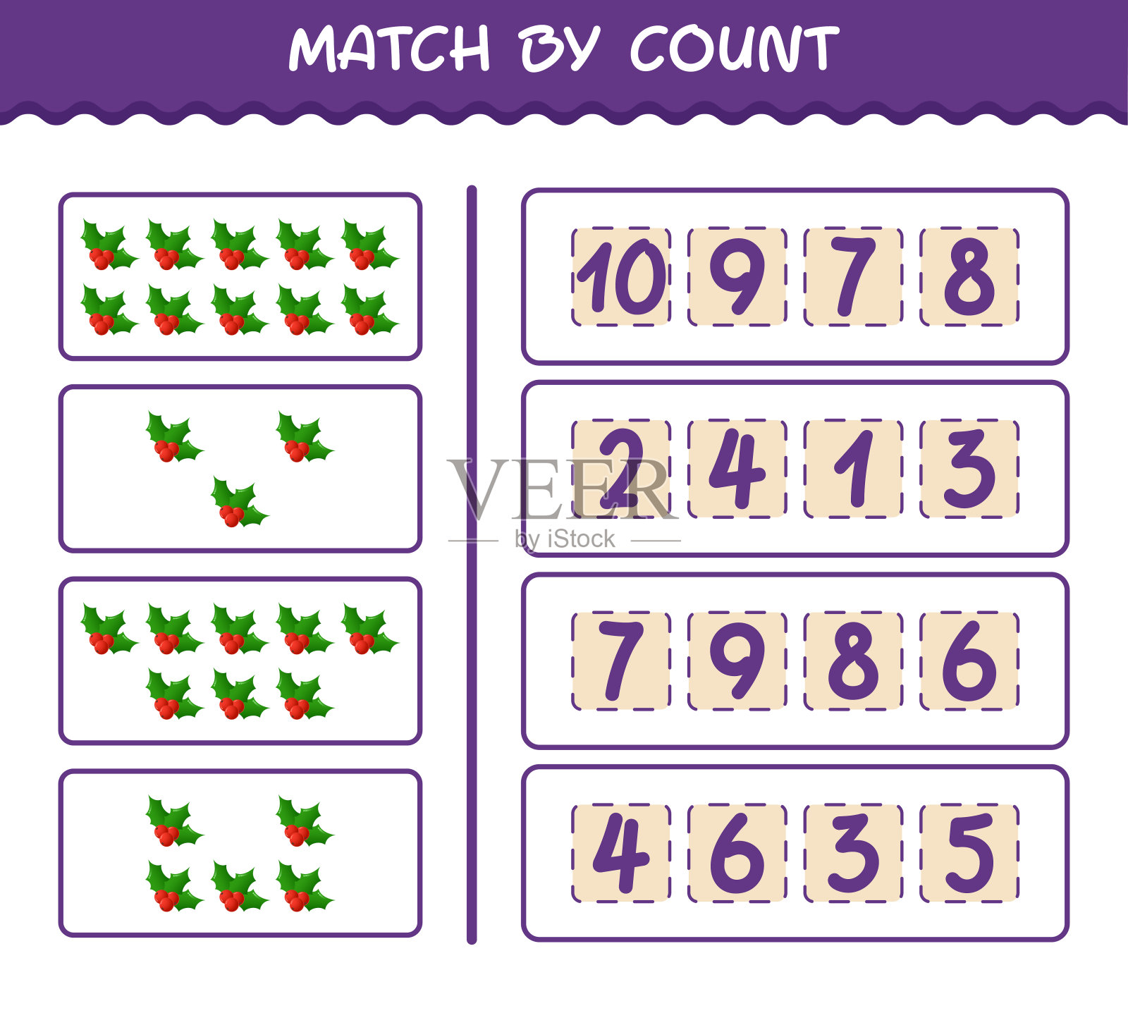 按卡通冬青浆果数匹配。比赛和计数游戏。学龄前儿童和幼儿的教育游戏插画图片素材