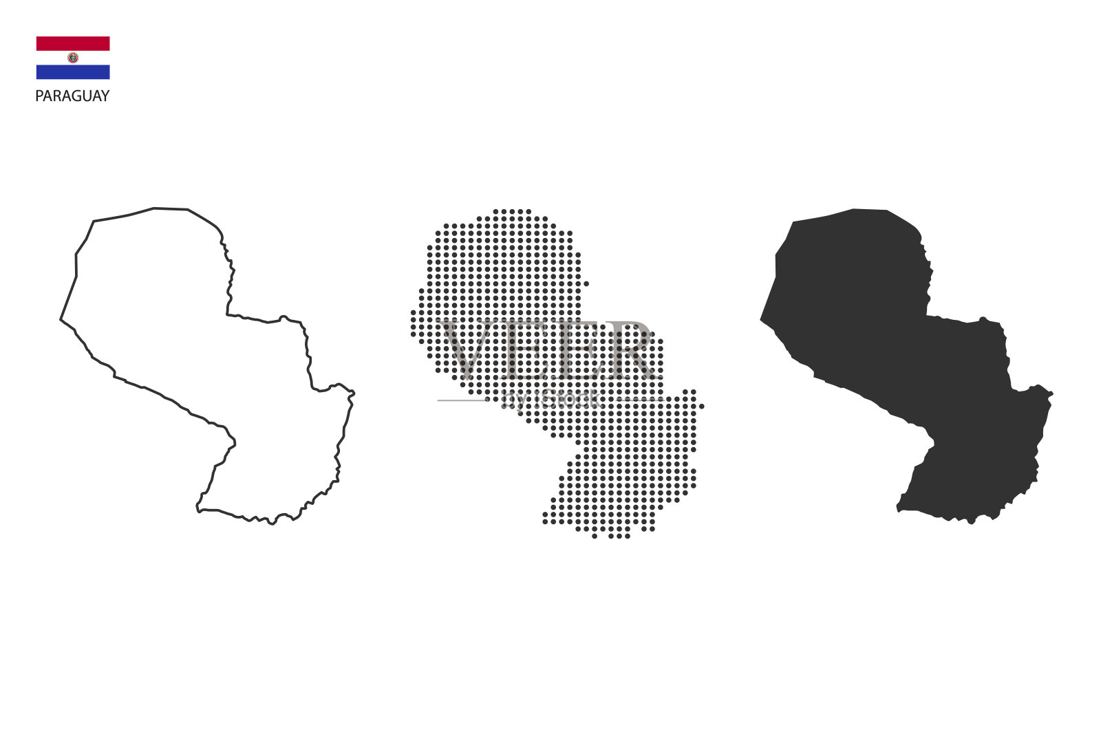 3个版本的巴拉圭地图城市矢量由细黑色轮廓简约风格，黑点风格和暗影风格。都在白色背景中。插画图片素材