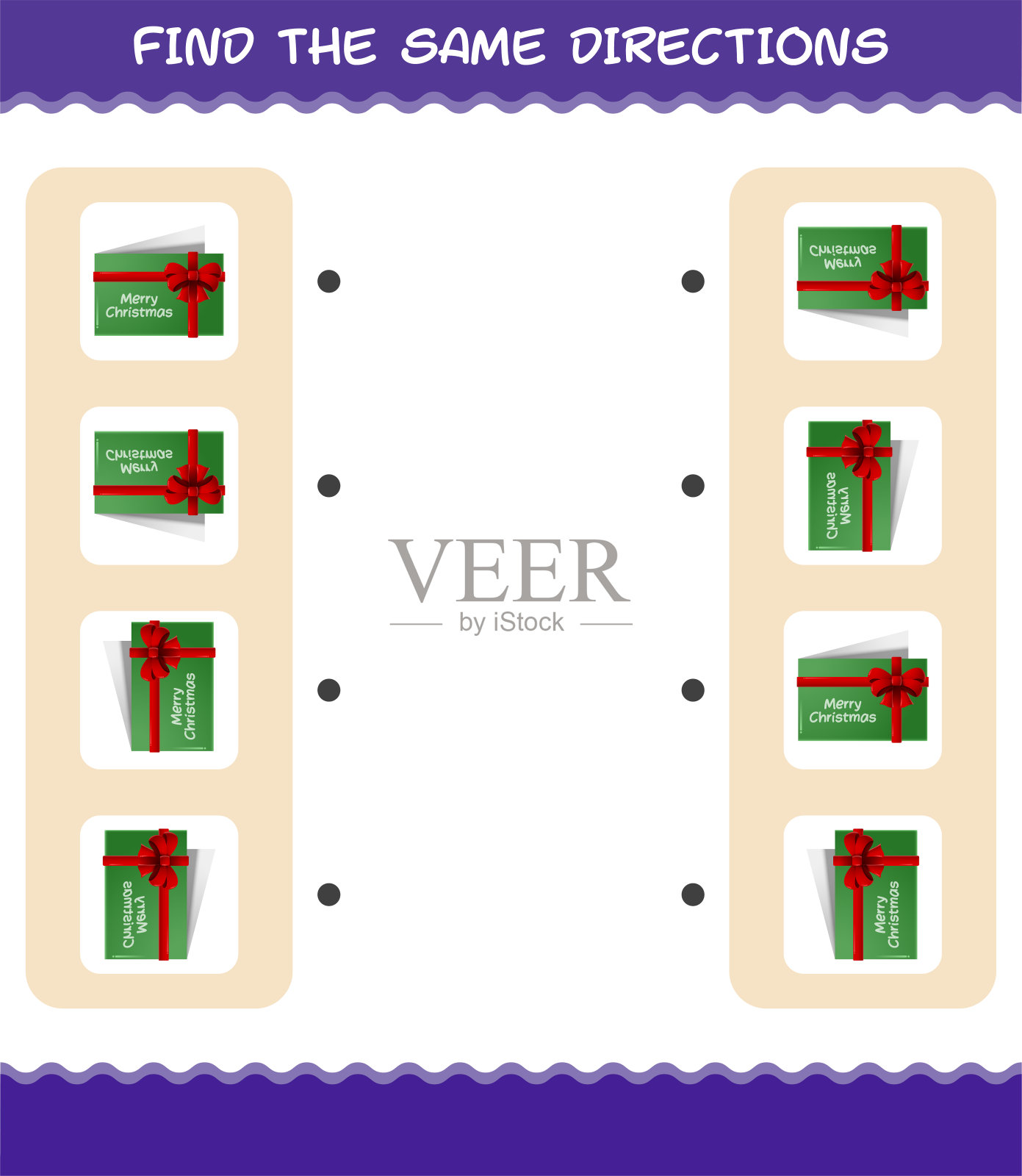 匹配圣诞卡的相同方向。匹配的游戏。学龄前儿童和幼儿的教育游戏插画图片素材