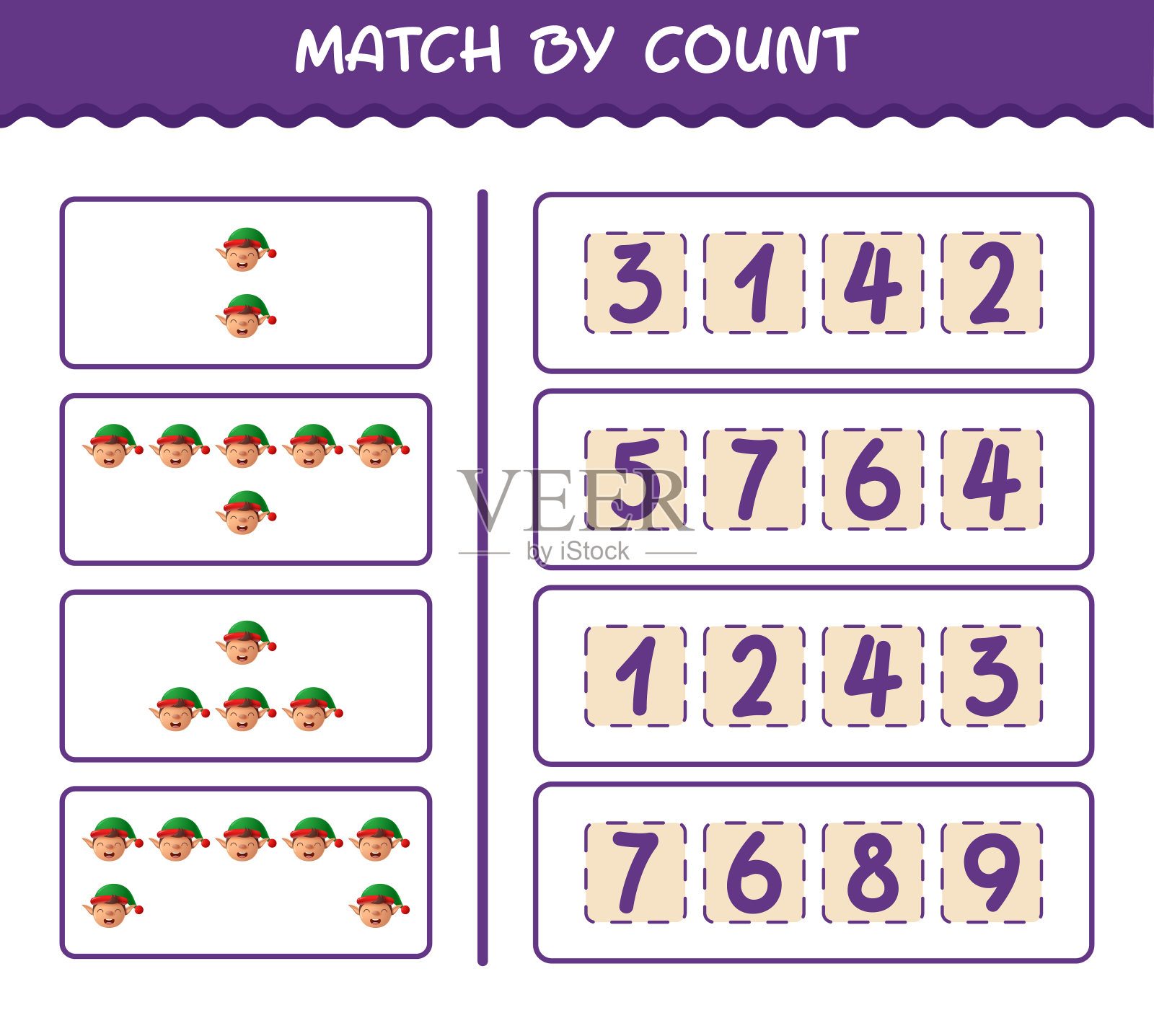 按卡通精灵数匹配。比赛和计数游戏。学龄前儿童和幼儿的教育游戏插画图片素材