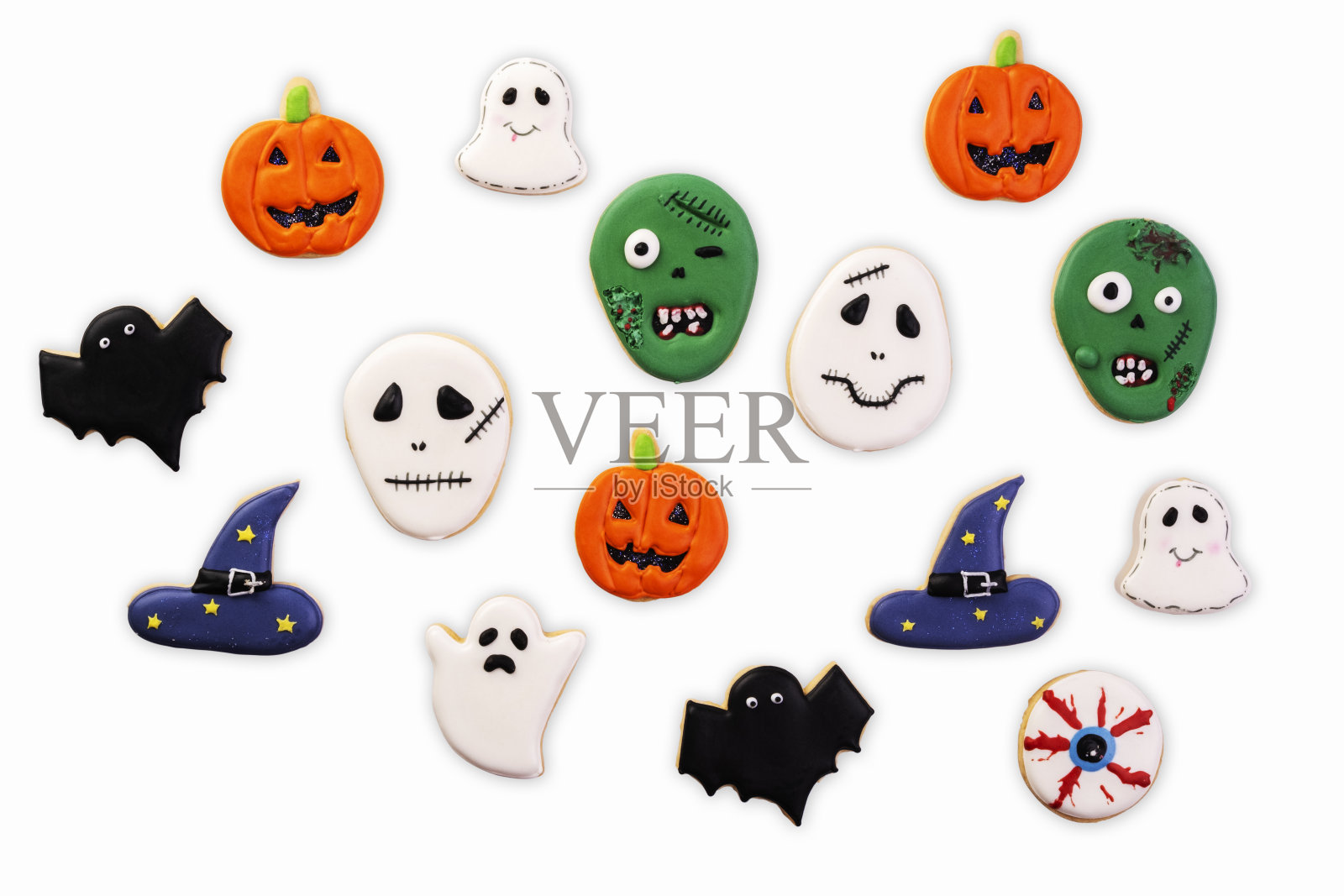 白色背景上的各种万圣节饼干照片摄影图片