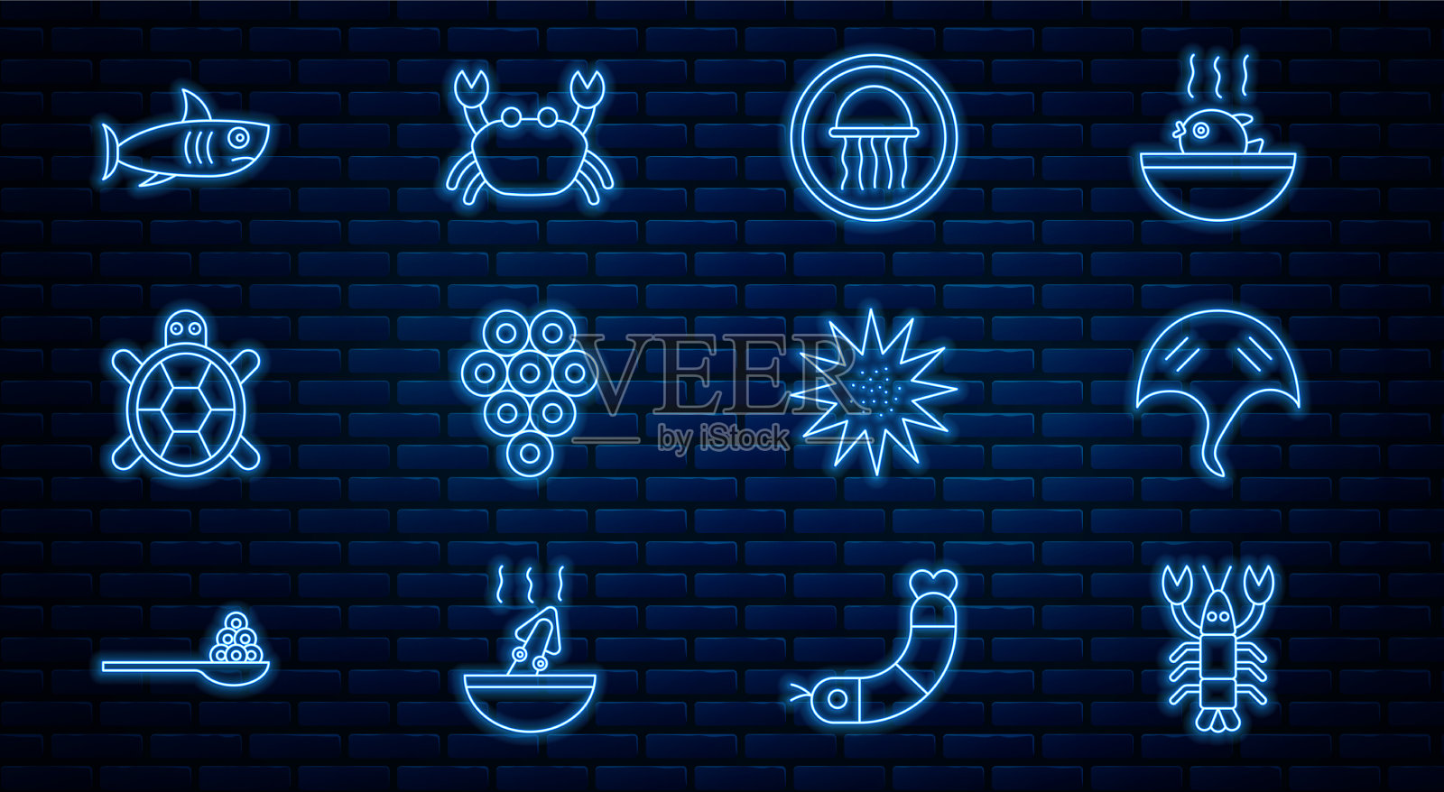 把鱼线龙虾、黄貂鱼、水母放在盘子里图标素材