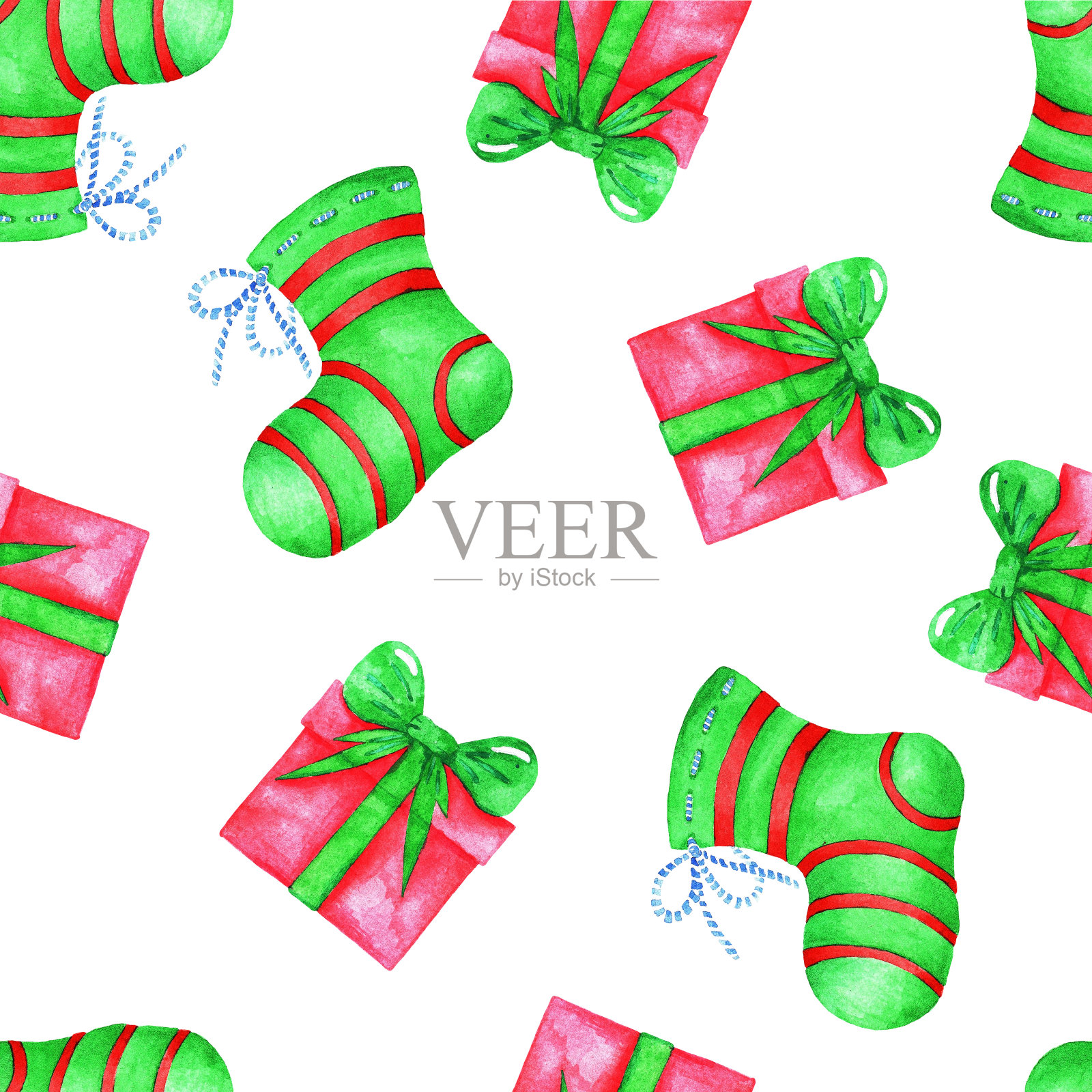 节日袜和礼物。圣诞(新年)无缝模式。水彩插画图片素材