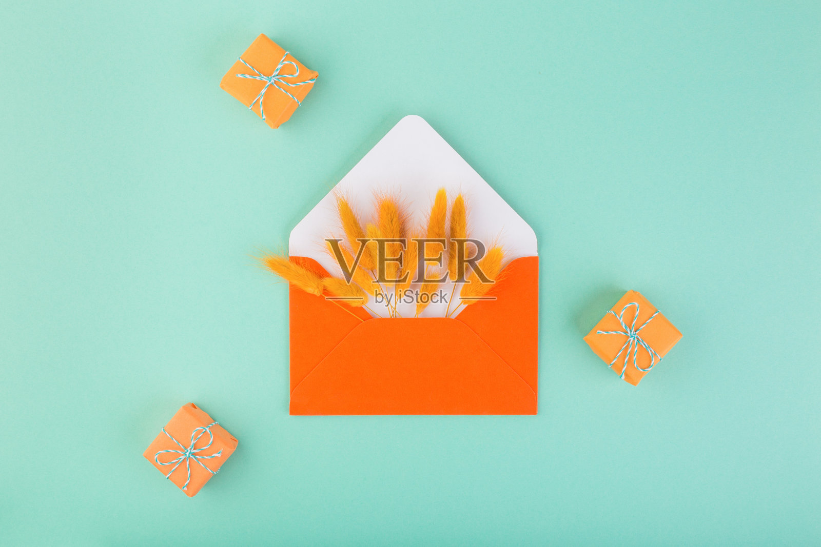 橙色的信封和干花，拉格鲁斯，有复制空间，在蓝色的桌子上小礼物。赛季送礼的概念照片摄影图片