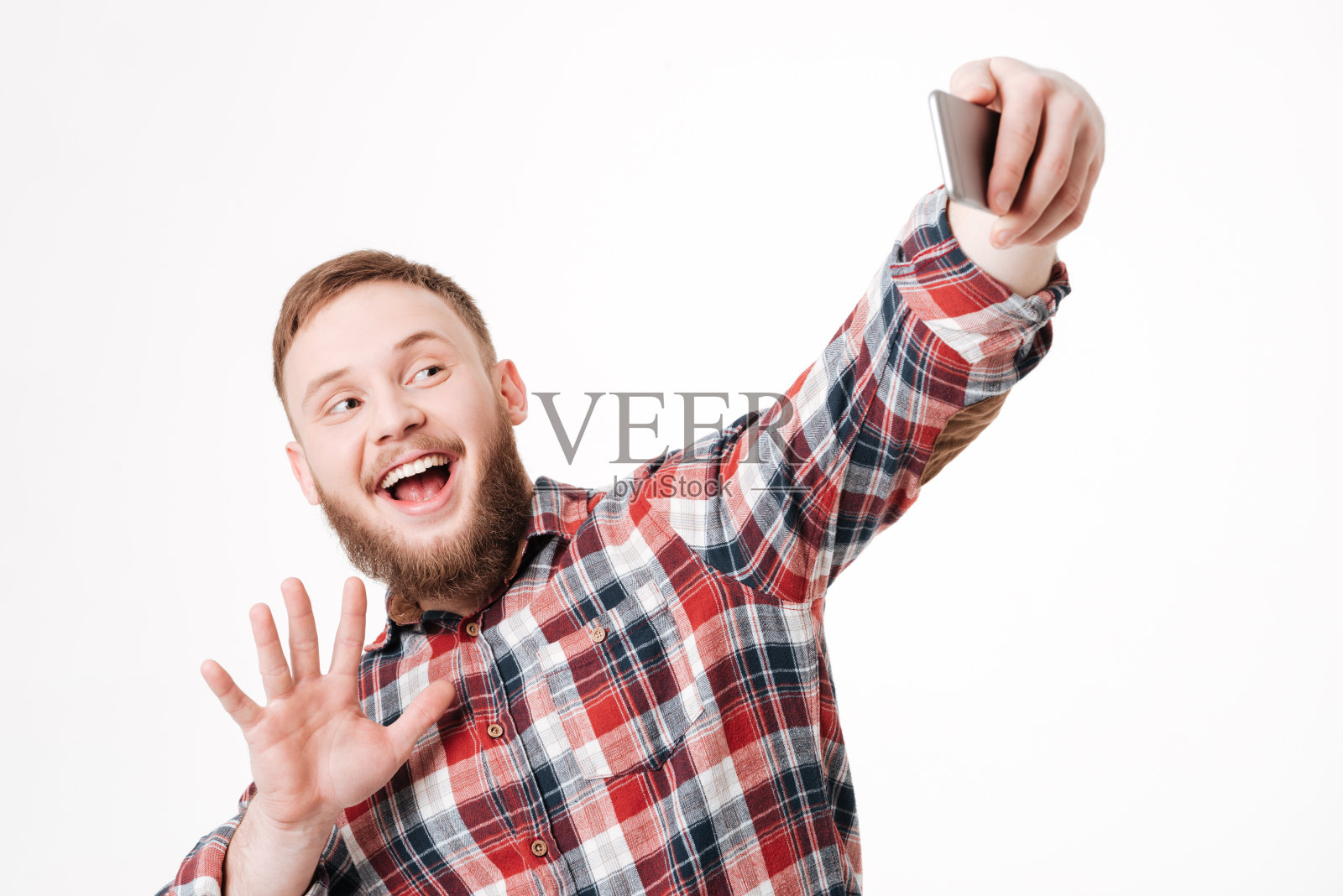 穿着衬衫的大胡子男子在自拍照片摄影图片