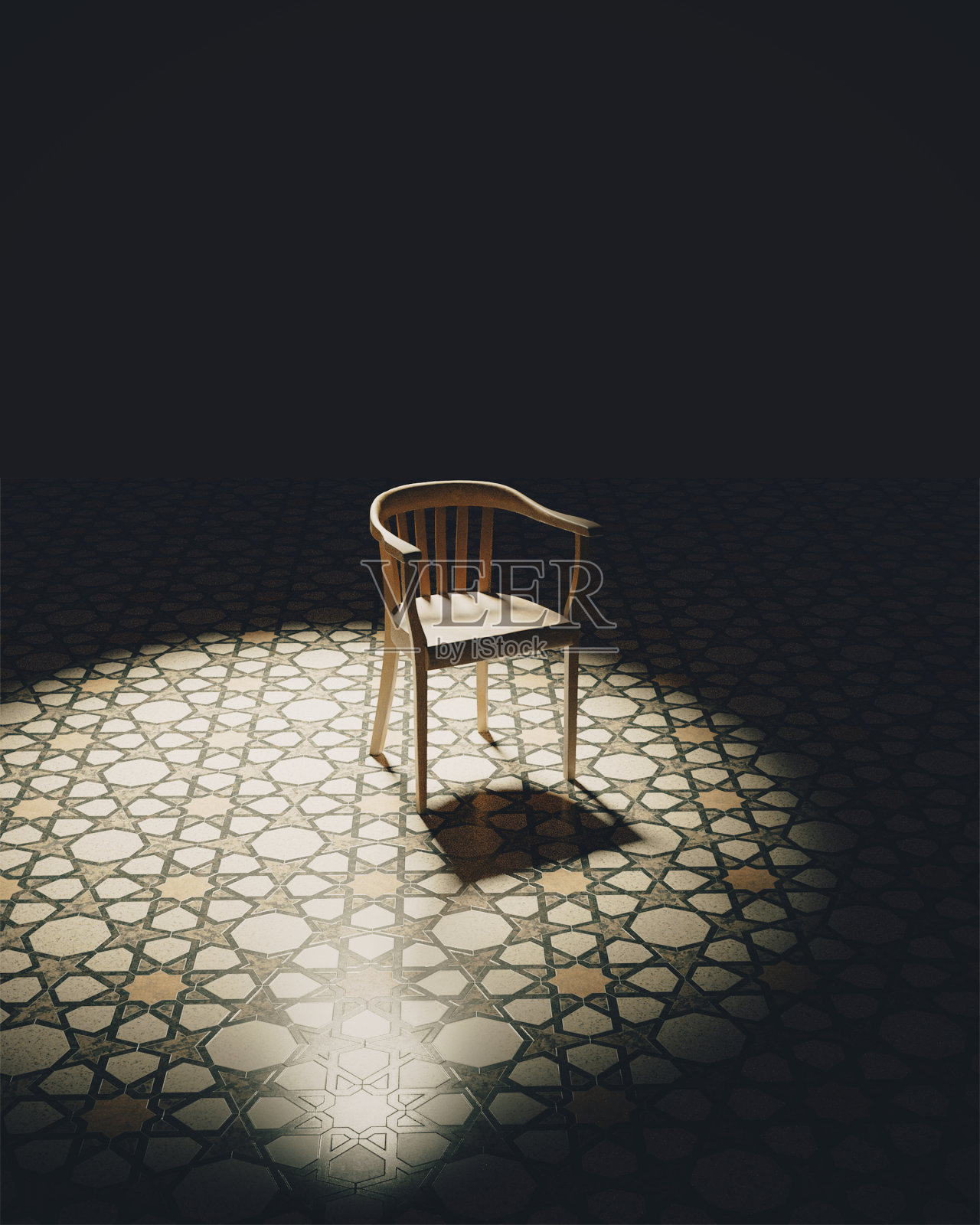 在黑暗的房间里对准灯光和椅子照片摄影图片