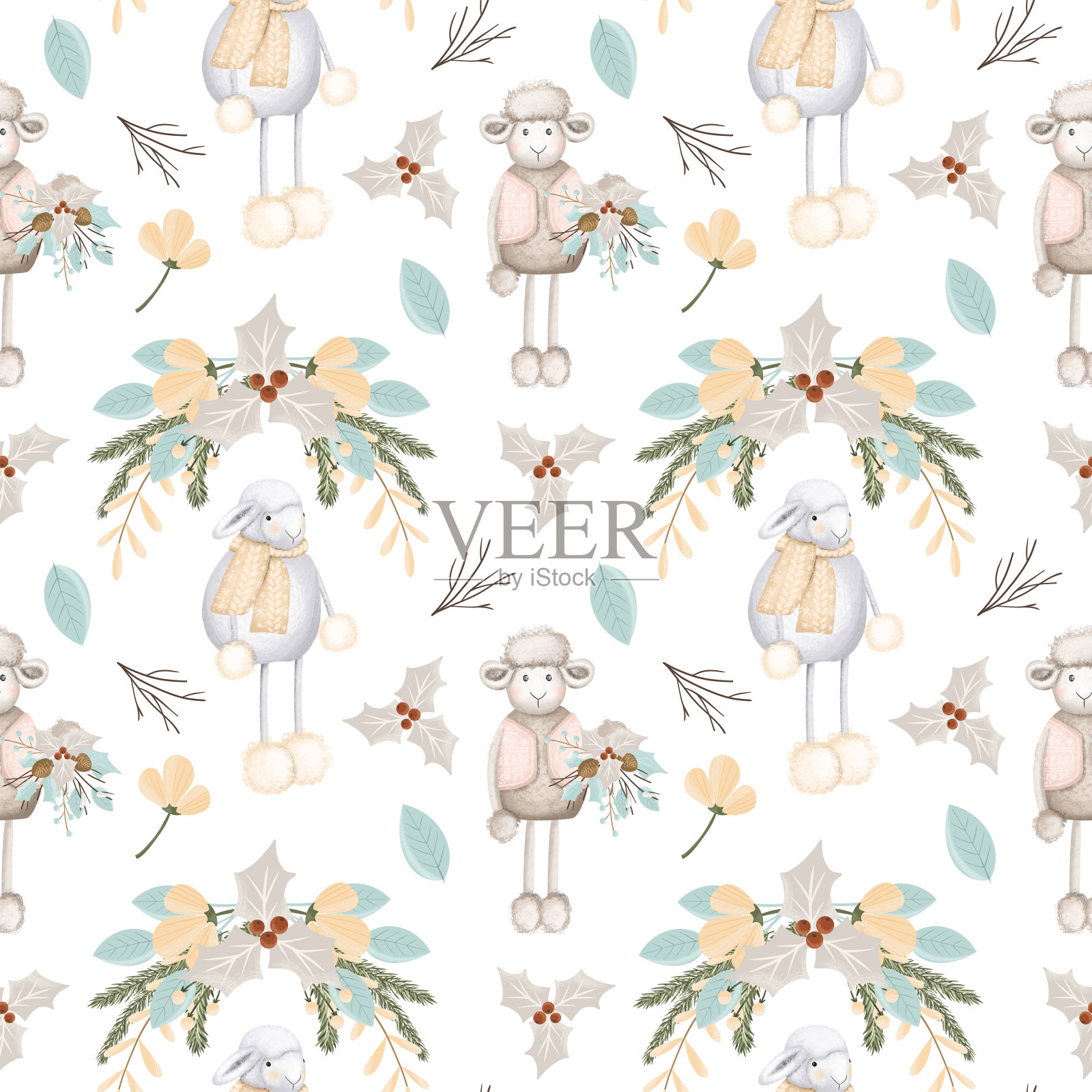 圣诞可爱的羊和花卉冬季安排无缝的图案，手绘插图在白色的背景插画图片素材