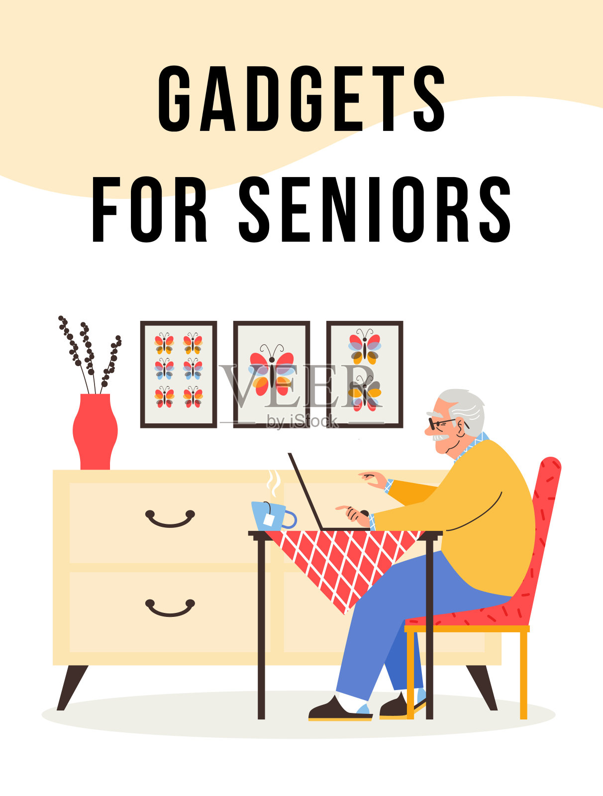 横幅或海报上的小工具和电脑的老年人，平面矢量插图。插画图片素材