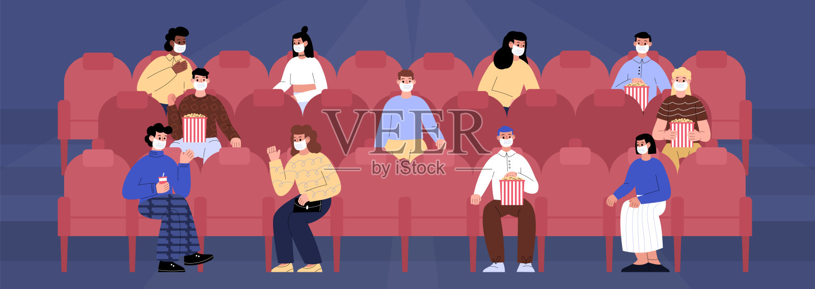 人们戴着口罩在电影院看电影。男人和女人坐在观众边看电影边吃爆米花插画图片素材