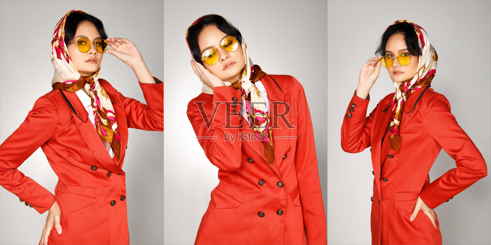 20年代东欧女性半身像棕色头发穿外套围巾。高加索人照片摄影图片