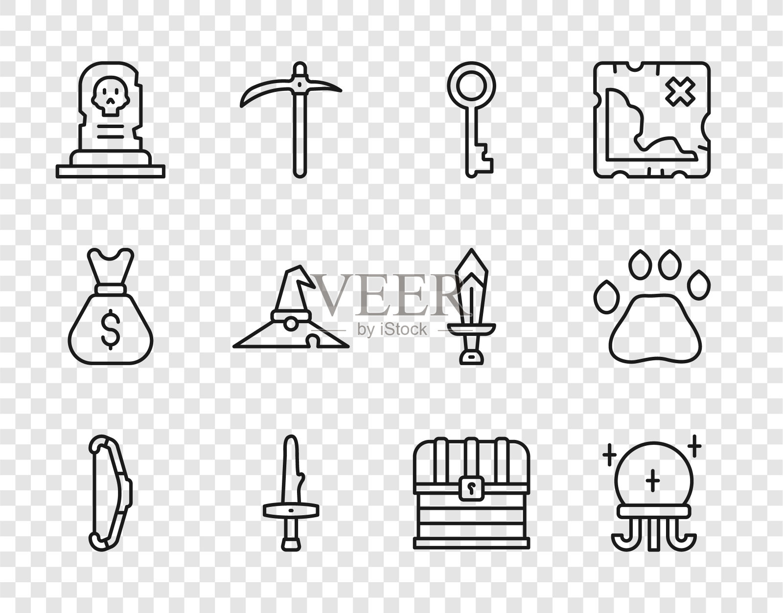 设置线中世纪弓，魔法球，旧钥匙，匕首，墓碑坟墓，女巫帽子，箱子和熊掌脚印图标。向量图标素材