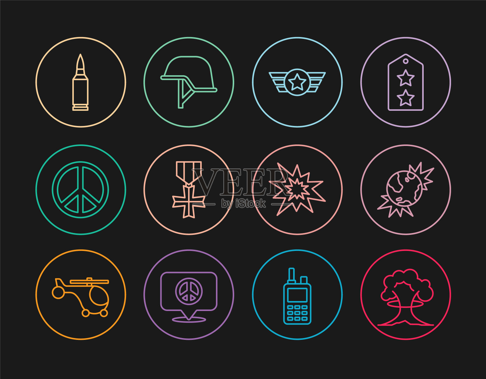 设置线核爆炸，炸弹爆炸行星地球，星美国军事，军事奖励奖章，和平，子弹，和头盔图标。向量图标素材