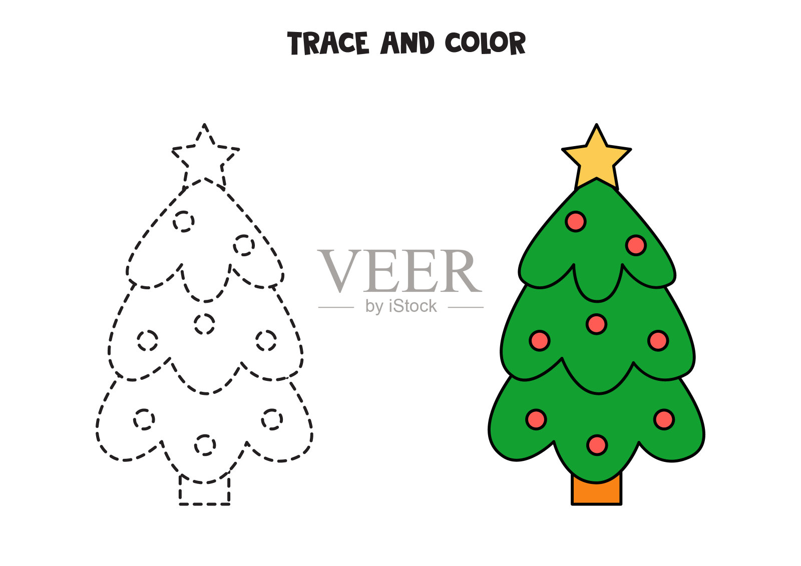 描和彩色圣诞树。工作表的孩子。插画图片素材
