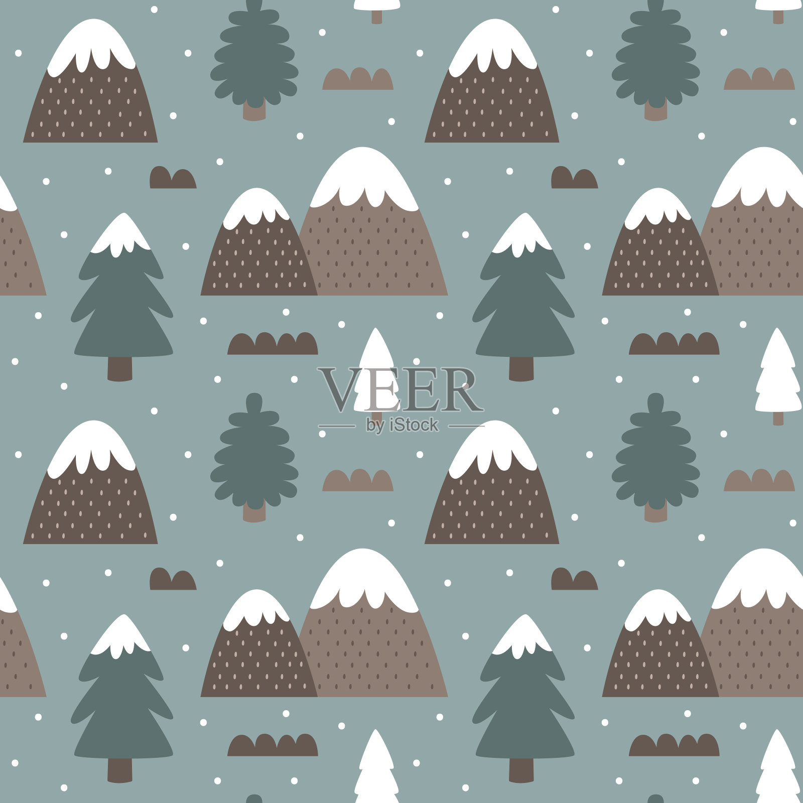 圣诞节可爱的野生冬季森林矢量无缝模式与圣诞树，山脉，石头，灌木在时髦的斯堪的纳维亚波西米亚风格插画图片素材