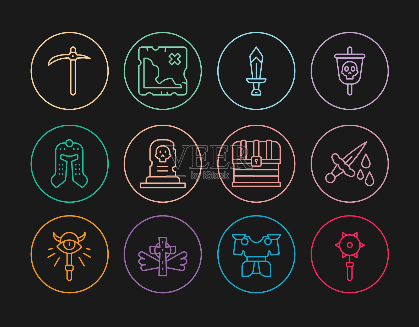 设置线中世纪链狼牙棒球，剑与血，为游戏，坟墓墓碑，头盔，镐，箱子和海盗藏宝图图标。向量图标素材