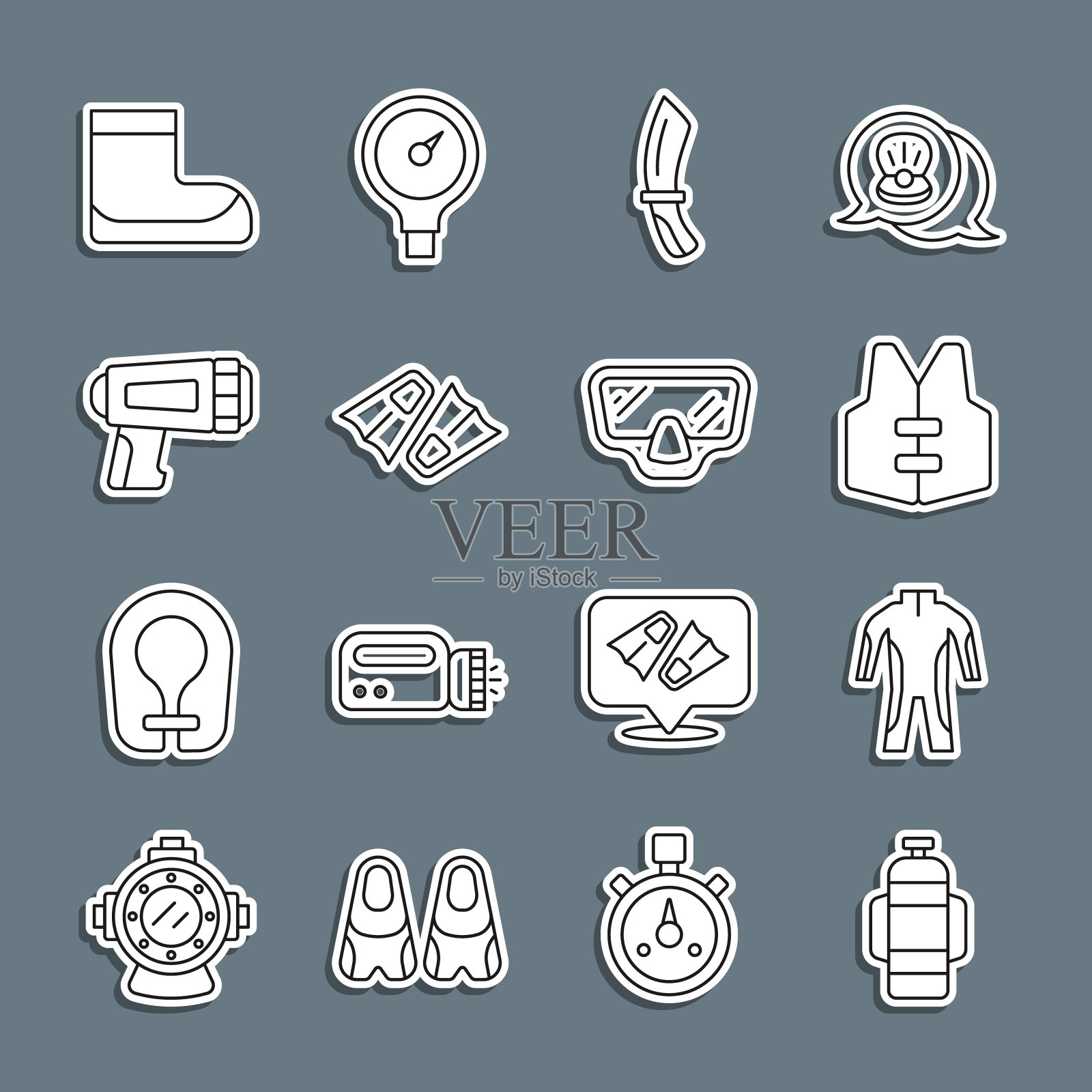 救生衣，救生衣，潜水刀，脚蹼，手电筒，靴子和面具图标。向量图标素材