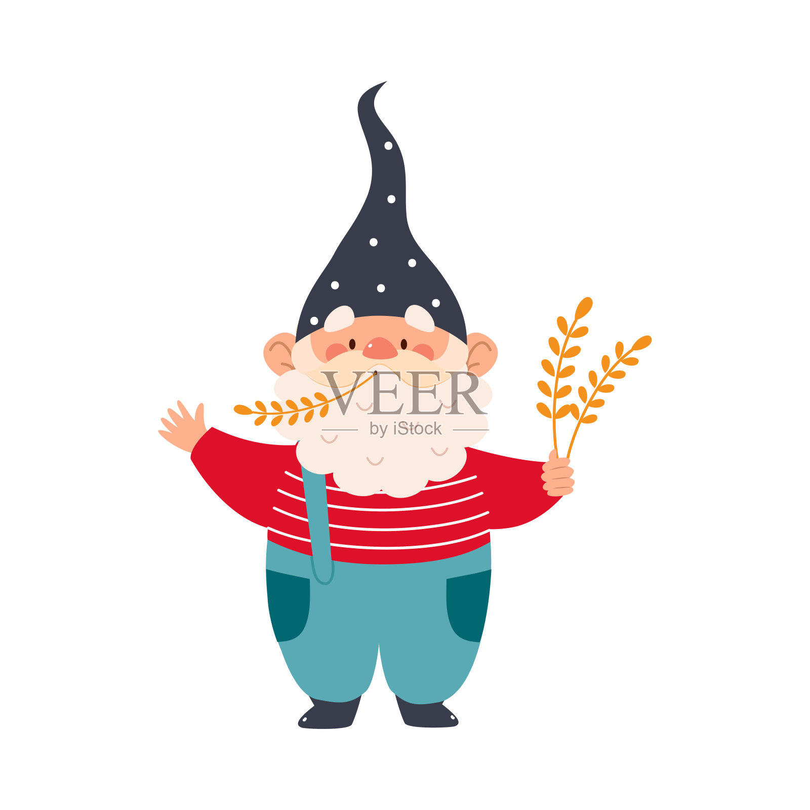 可爱的侏儒角色与胡须在尖帽子持有小穗矢量插图插画图片素材