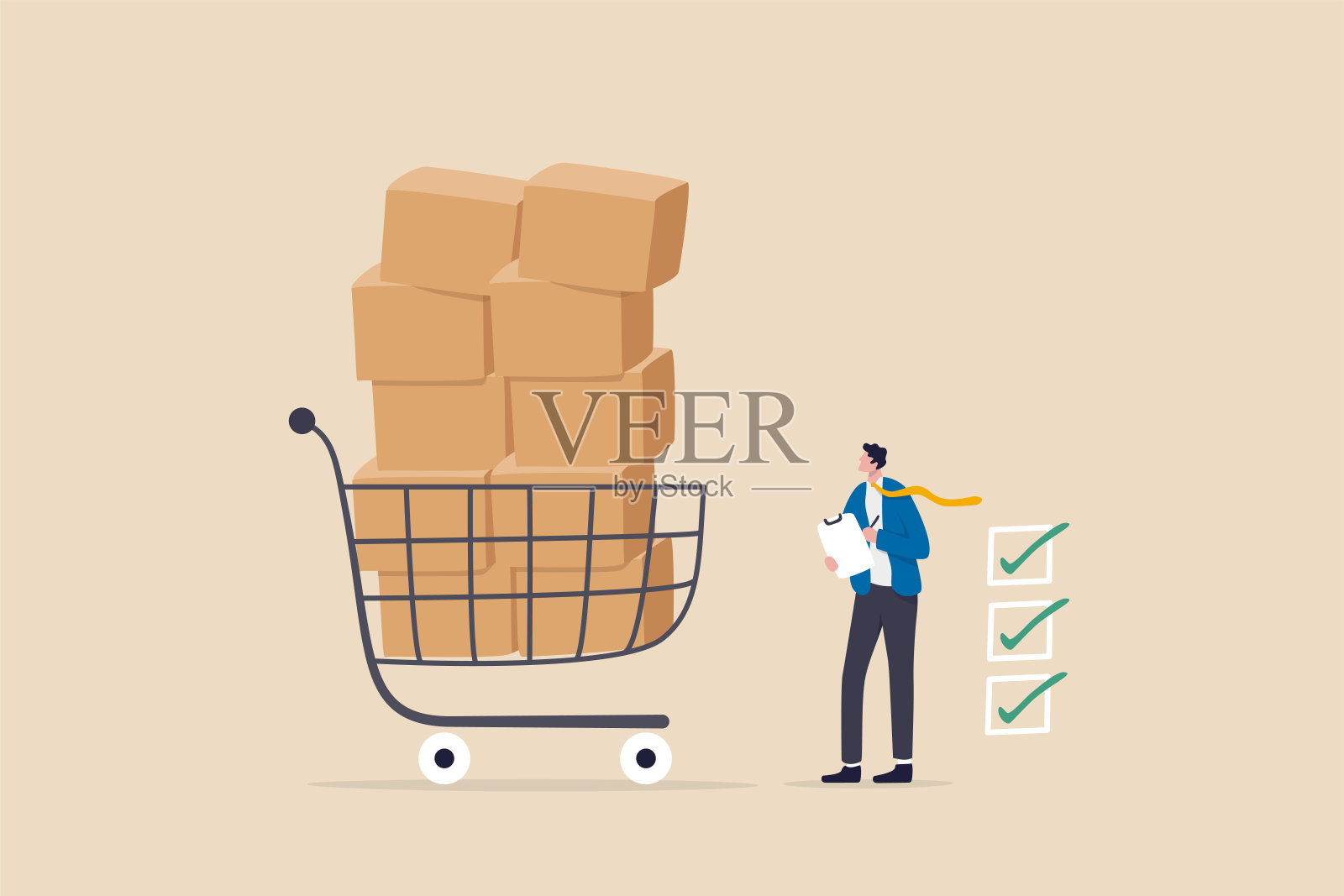 采购和资产管理，管理或采购公司设备，货物和服务，审计和检查价格和折旧，商人采购经理检查供应资产。插画图片素材