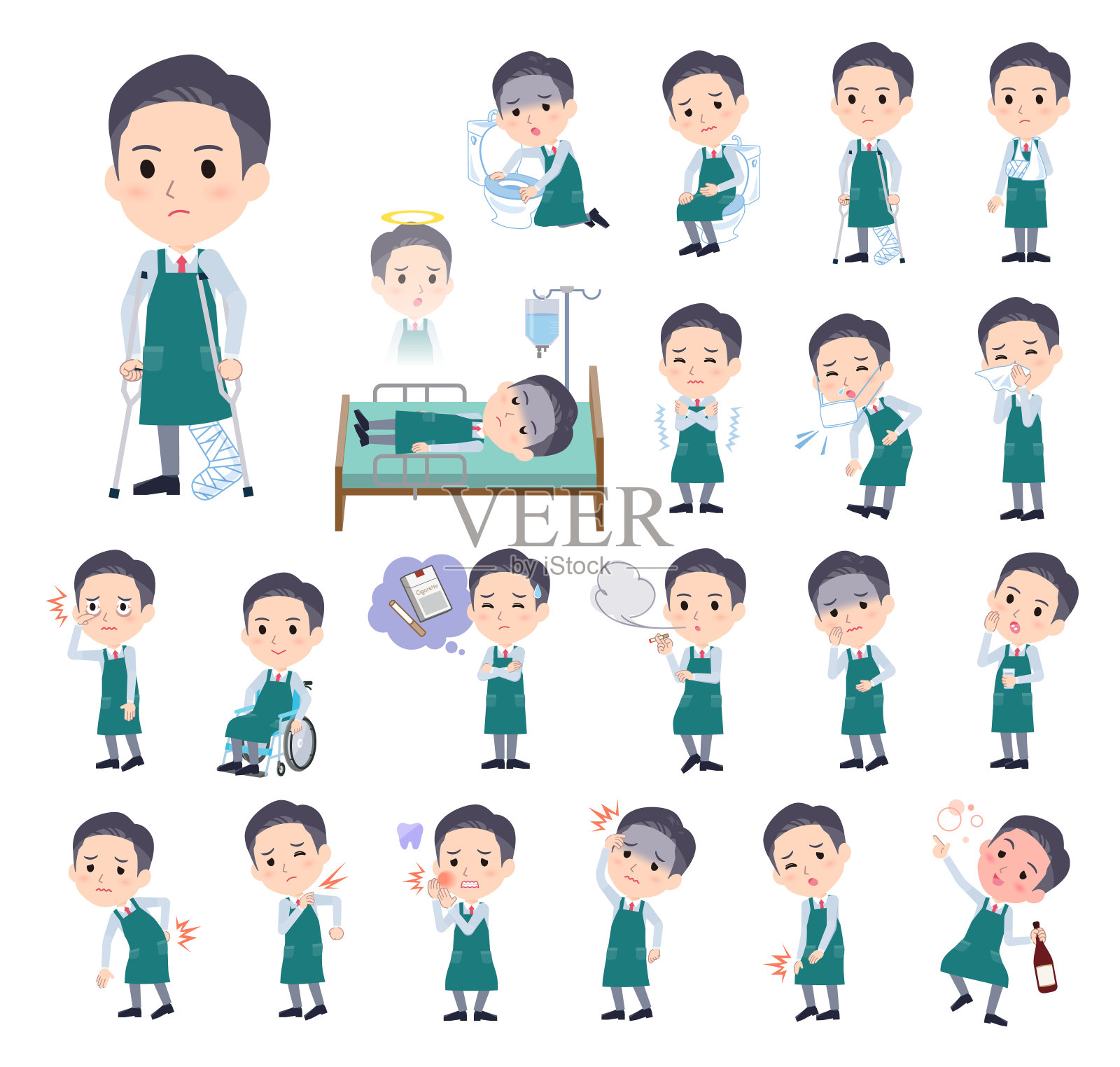 一组超市工作人员带着伤病插画图片素材