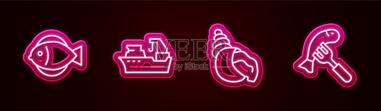 集线鱼、渔船、扇贝、海贝和图标素材