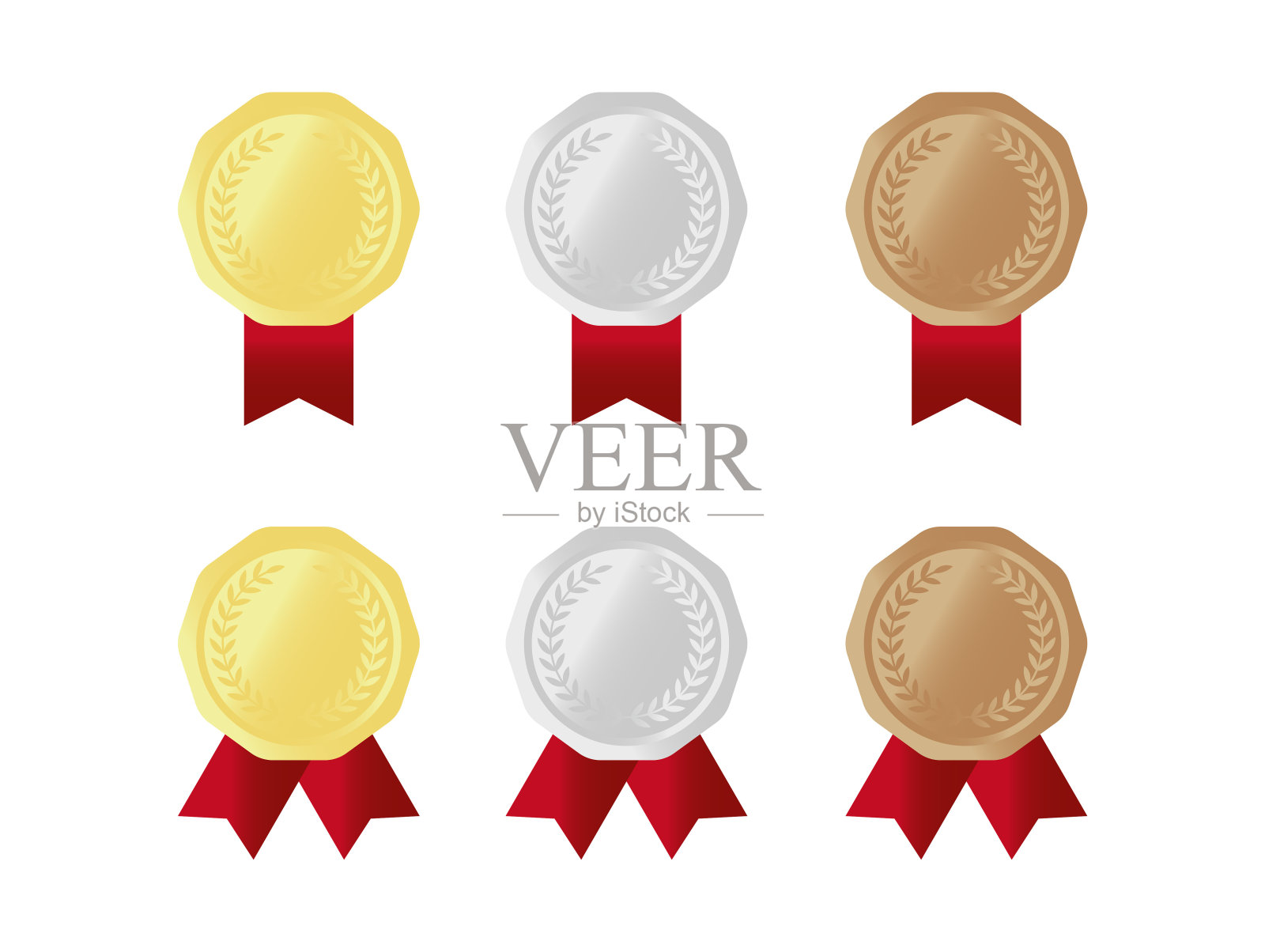 金、银、铜质奖章，镶红丝带及月桂花冠插画图片素材