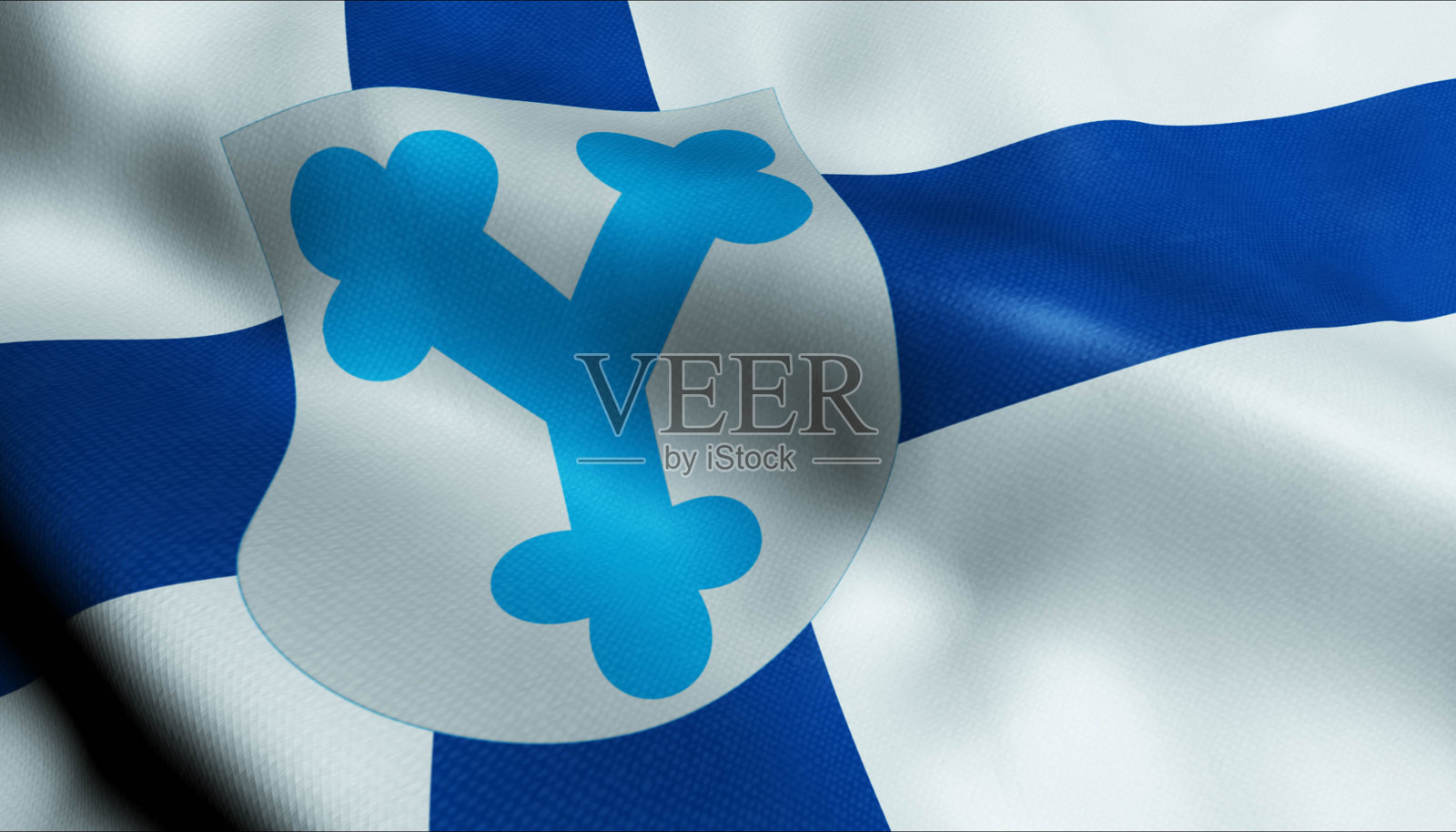 3D挥舞的芬兰城市旗帜的Ylivieska特写视图照片摄影图片