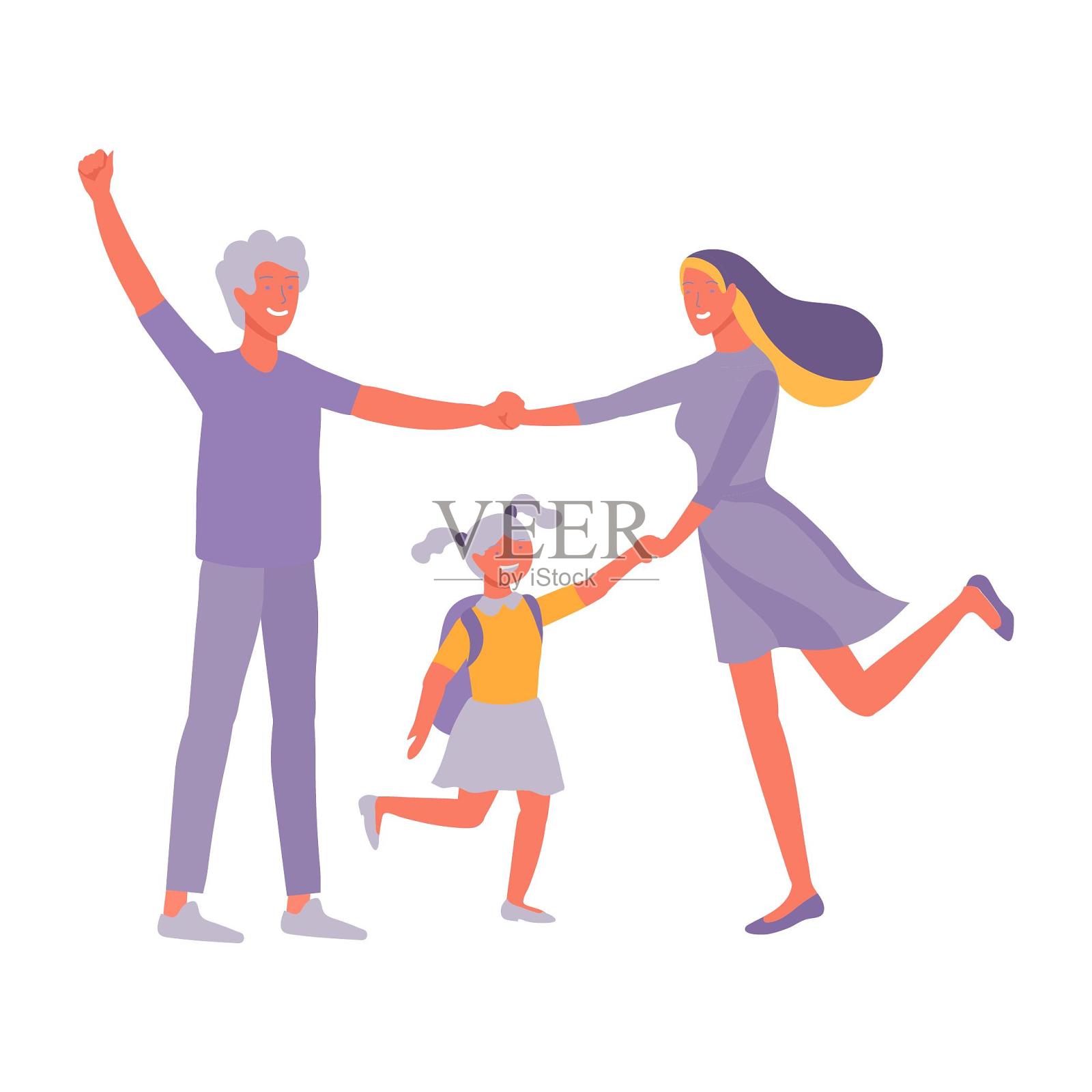 一家跳舞开心手牵手接送上学设计元素图片