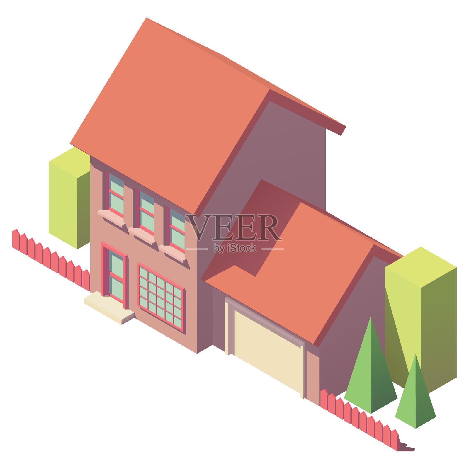 建筑房子住宅别墅车库仓库植物景观树栅栏设计元素图片