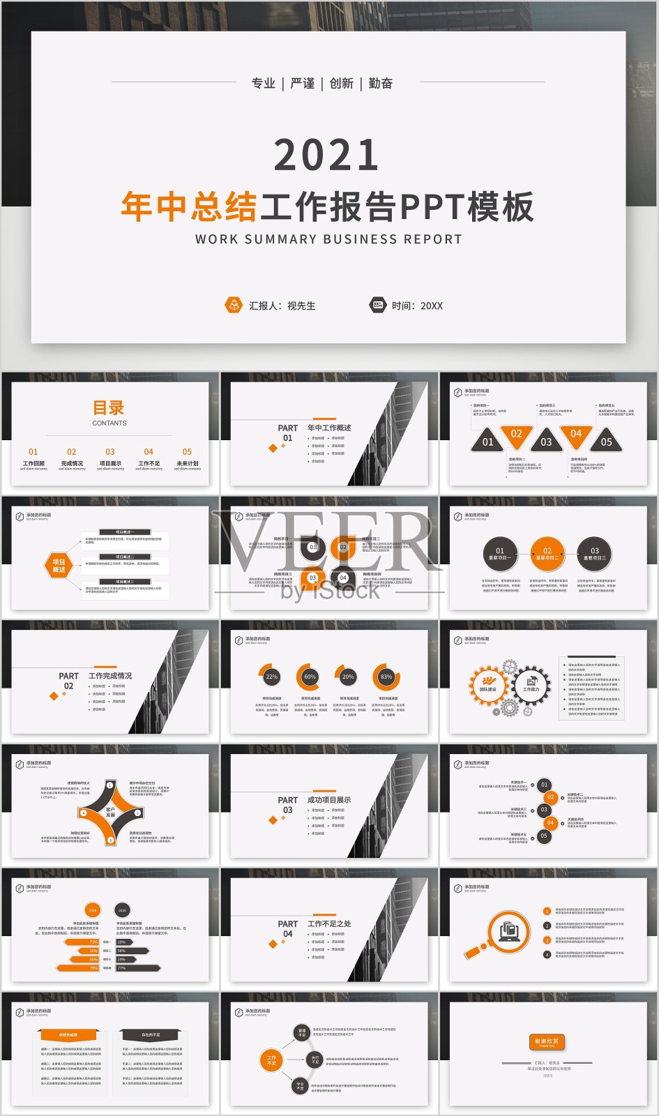 商务风橙色简约年终工作总结工作汇报模板设计模板素材