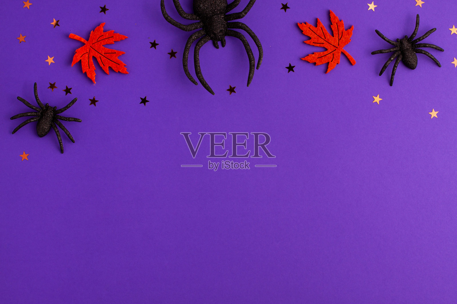 一个大的和两个小的黑色人造蜘蛛星星和红色毡叶在紫色的背景与复制空间。万圣节的恐怖节日和秋天的概念照片摄影图片