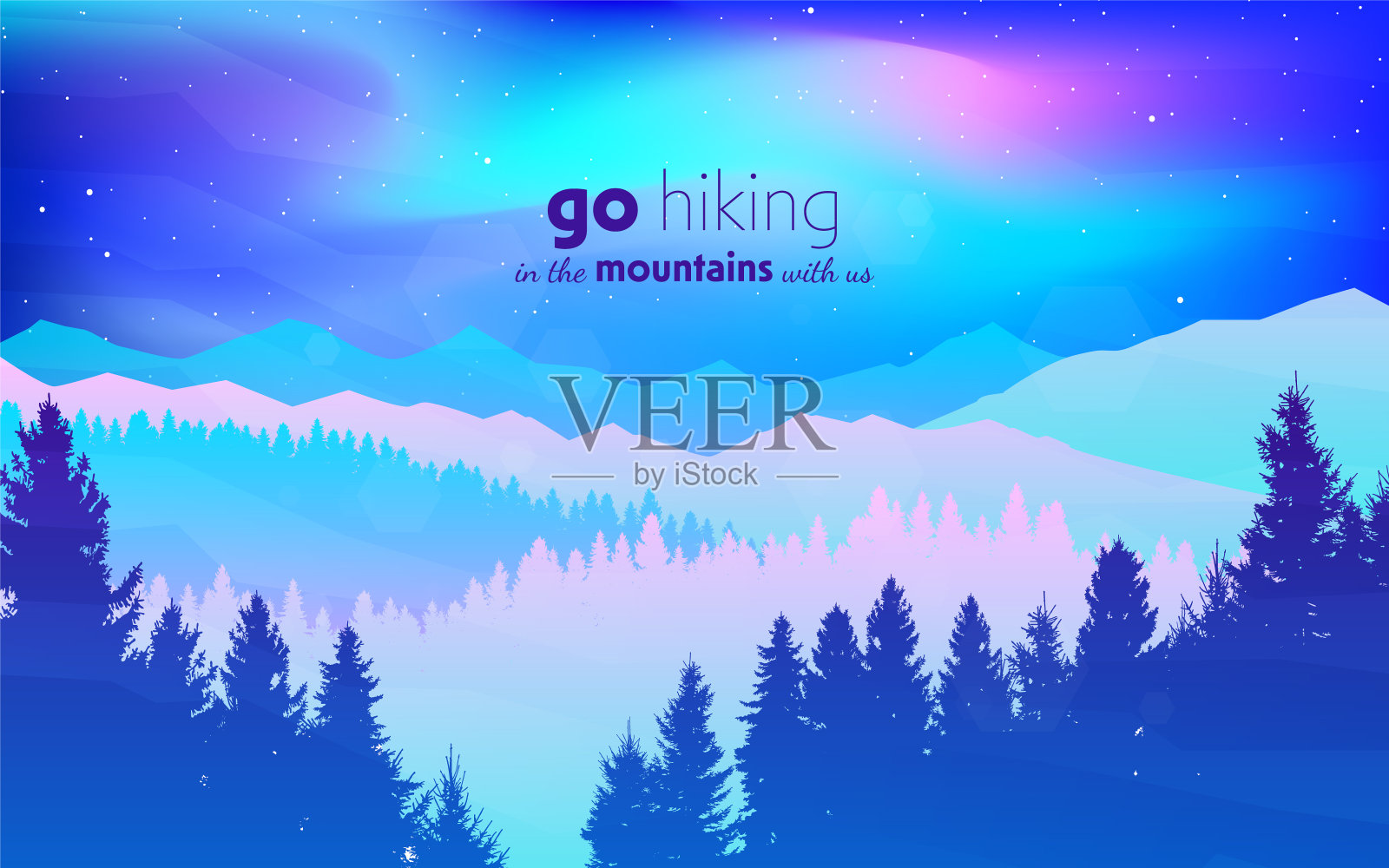 北极光。北极光。晚上北方。旅行，发现，探索，观察自然。徒步旅游。冒险。极简主义的图形传单。平面设计。向量山景观插画图片素材