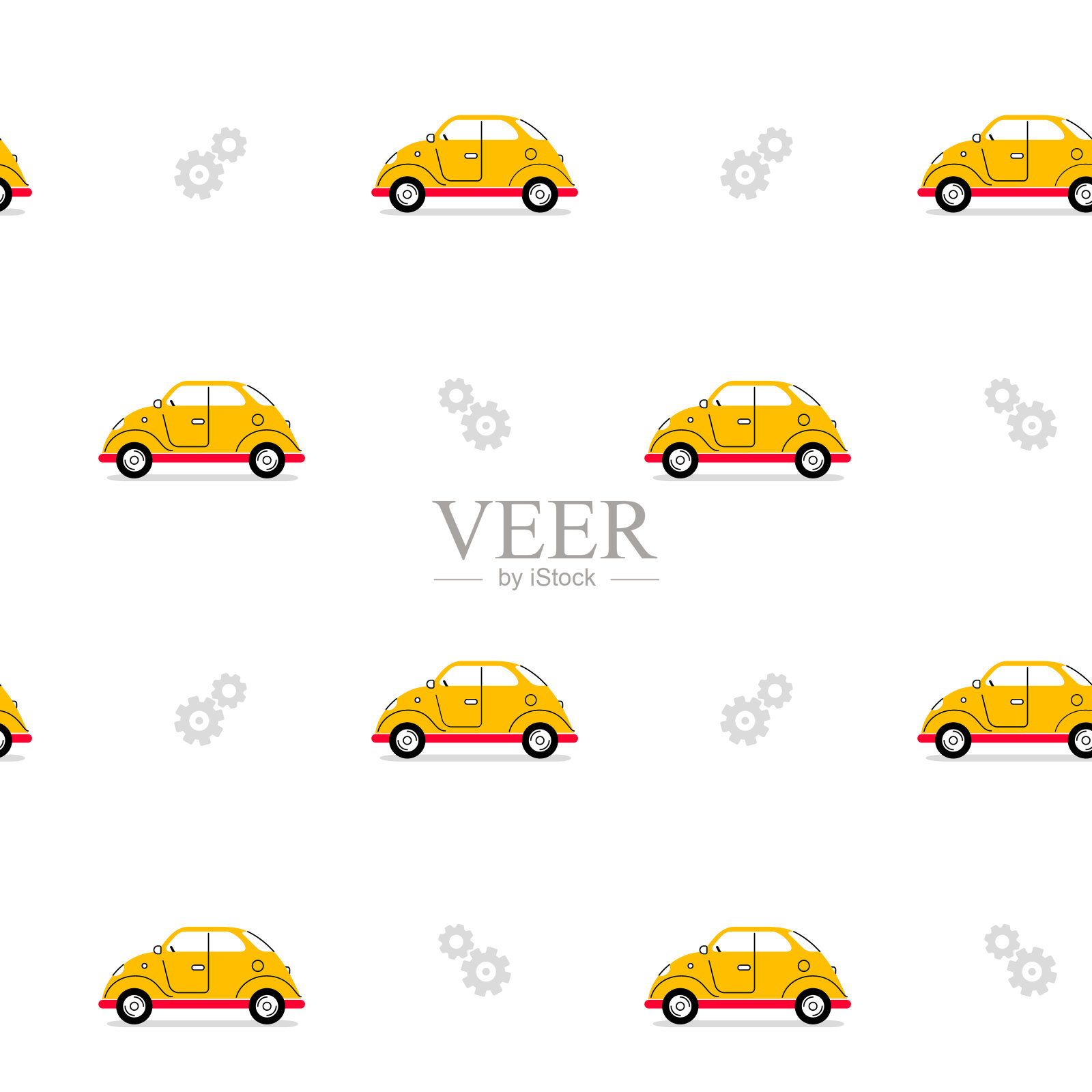 向量儿童插图的黄色复古车在白色背景与齿轮。线条艺术风格的汽车无缝图案设计插画图片素材