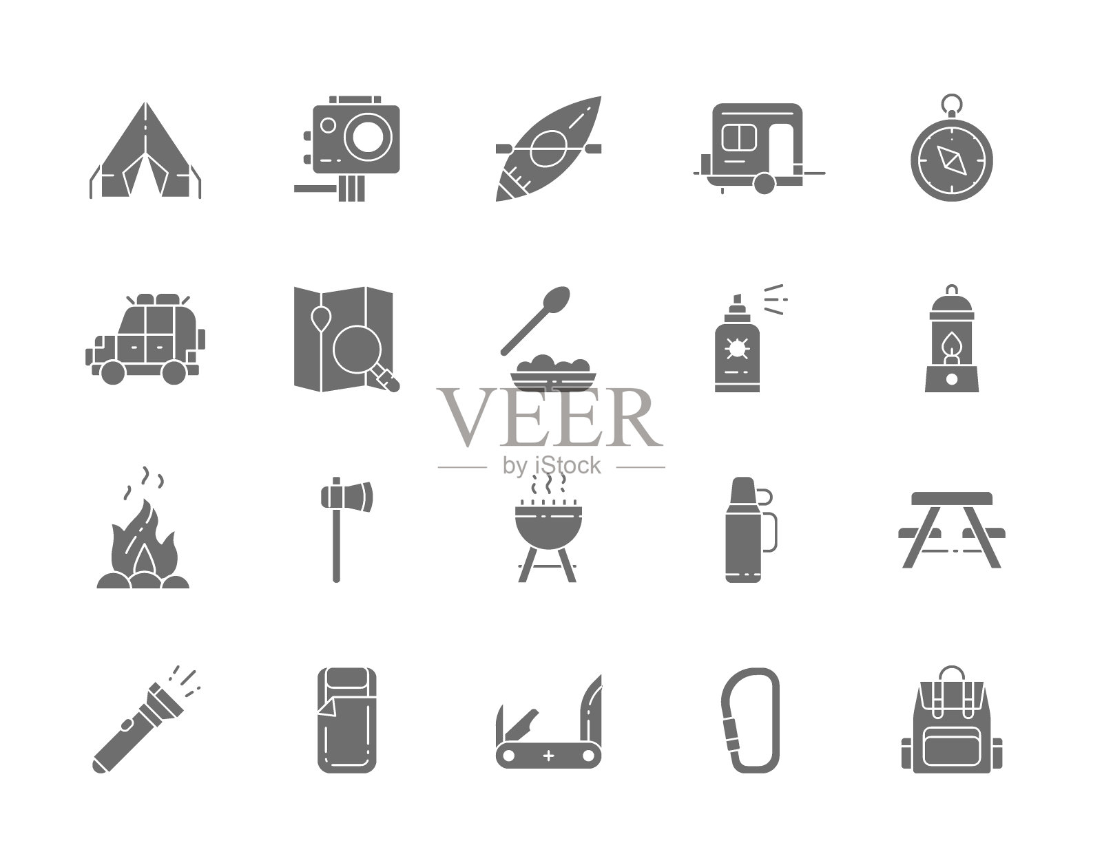 露营灰色图标集。烧烤，独木舟，拖车，煤气灯，篝火，斧头，昆虫喷雾，手电筒，远足食品等。图标素材