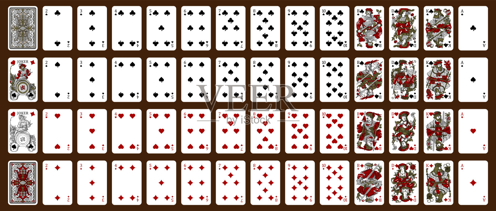 扑克集与孤立的纸牌-经典的扑克牌-扑克扑克纸牌，全甲板-发行1885。插画图片素材