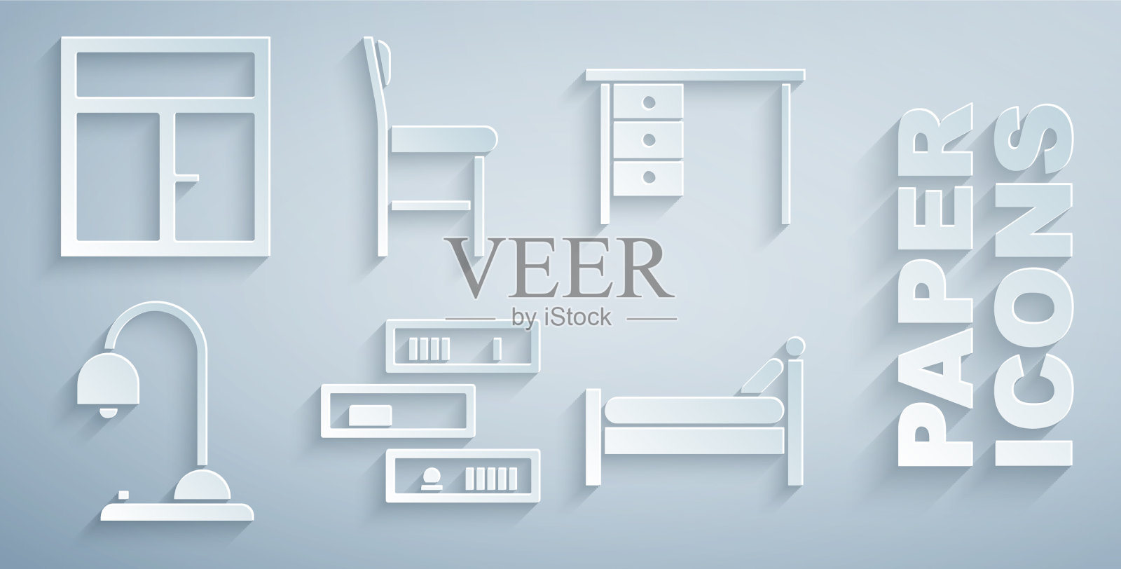 设置书架与书籍，办公室书桌，台灯床图标素材